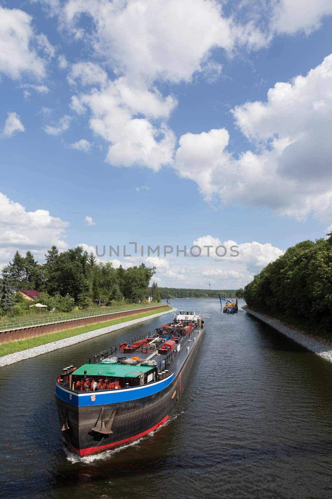 Cargo ship on the canal to the Jungfernsee in Potsdam