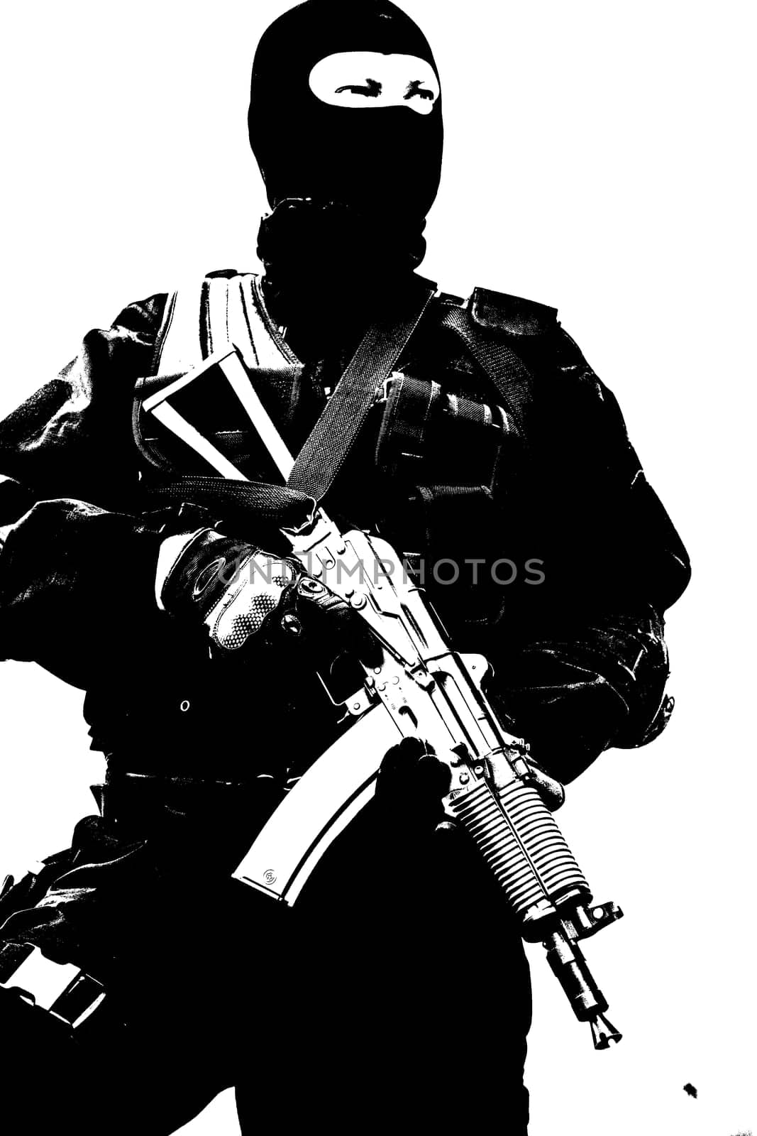 Hard light image of spec ops soldier in face mask with his rifle
