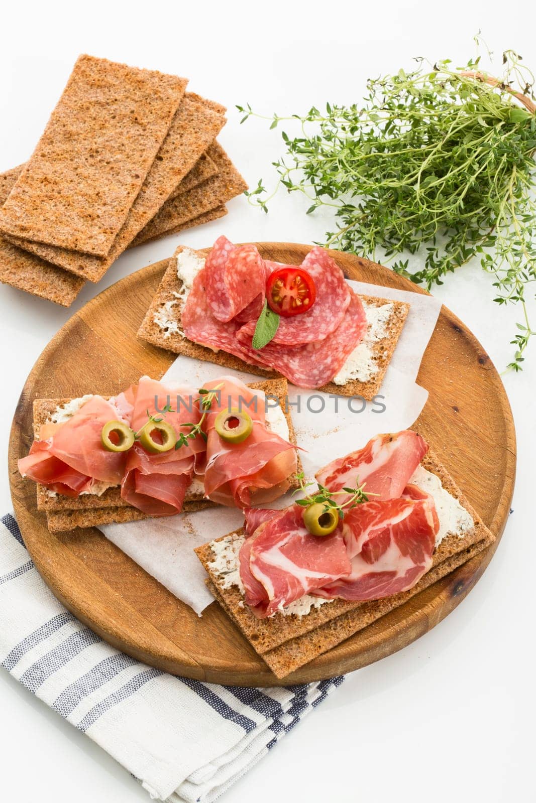 Finnish rye crispbread with salami Milano,Coppa ham,Prosciutto Crudo,Emmentaler,cream cheese with Herbs of Provence and Olive