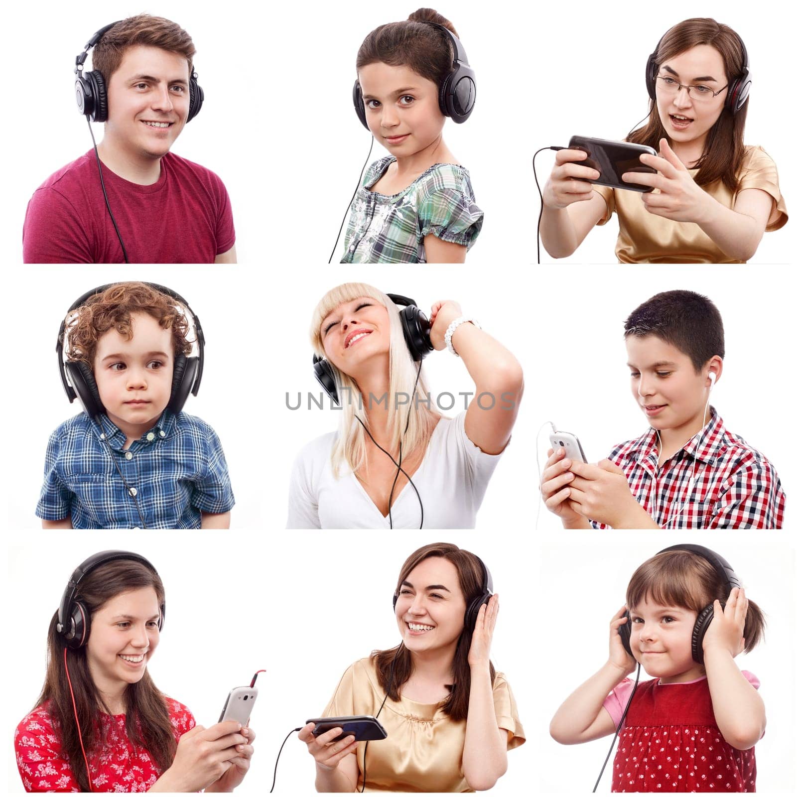 Portraits of different smiling people listening something on headphones