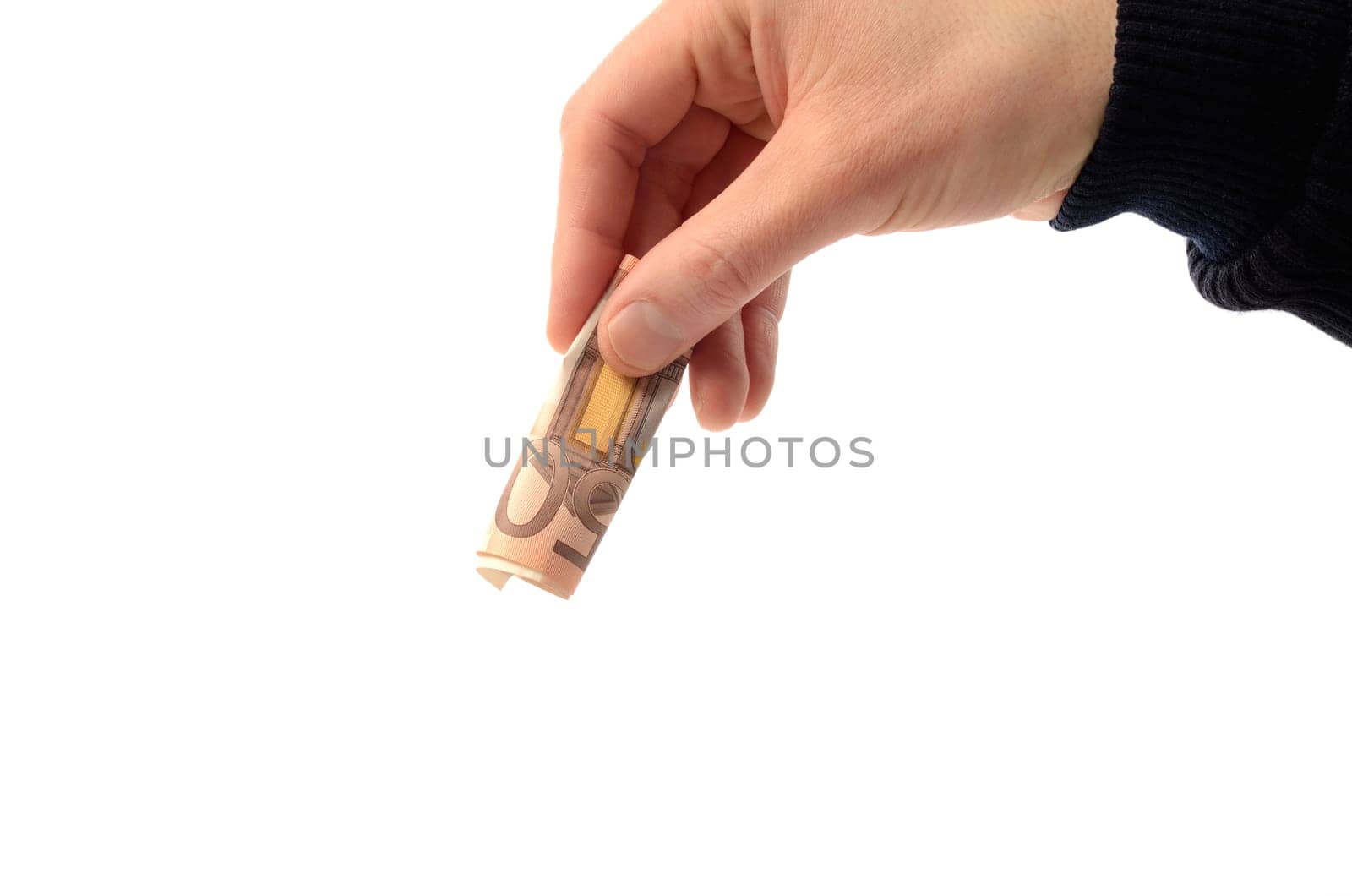 Hand with 50 Euro note on a white background