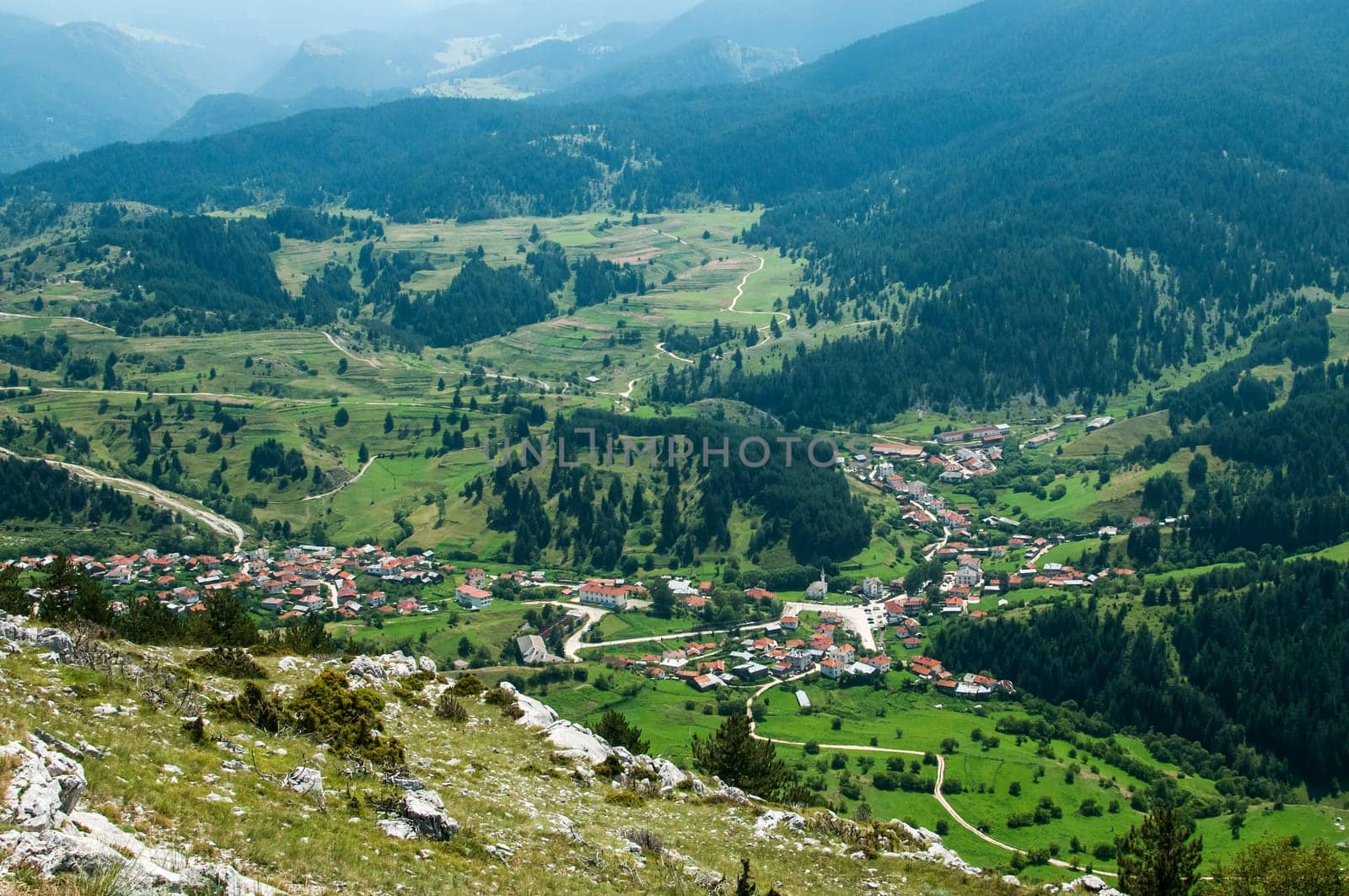 Elevational view of forest mountain village in sunny day