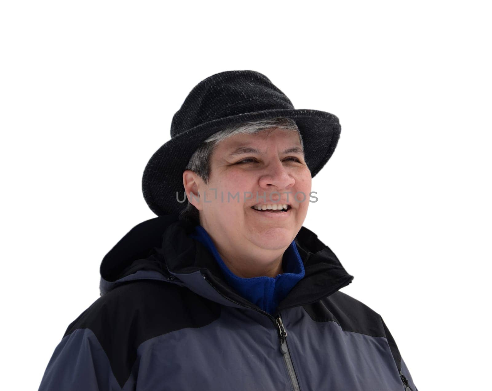 Middle aged woman in winter clothes, looking right