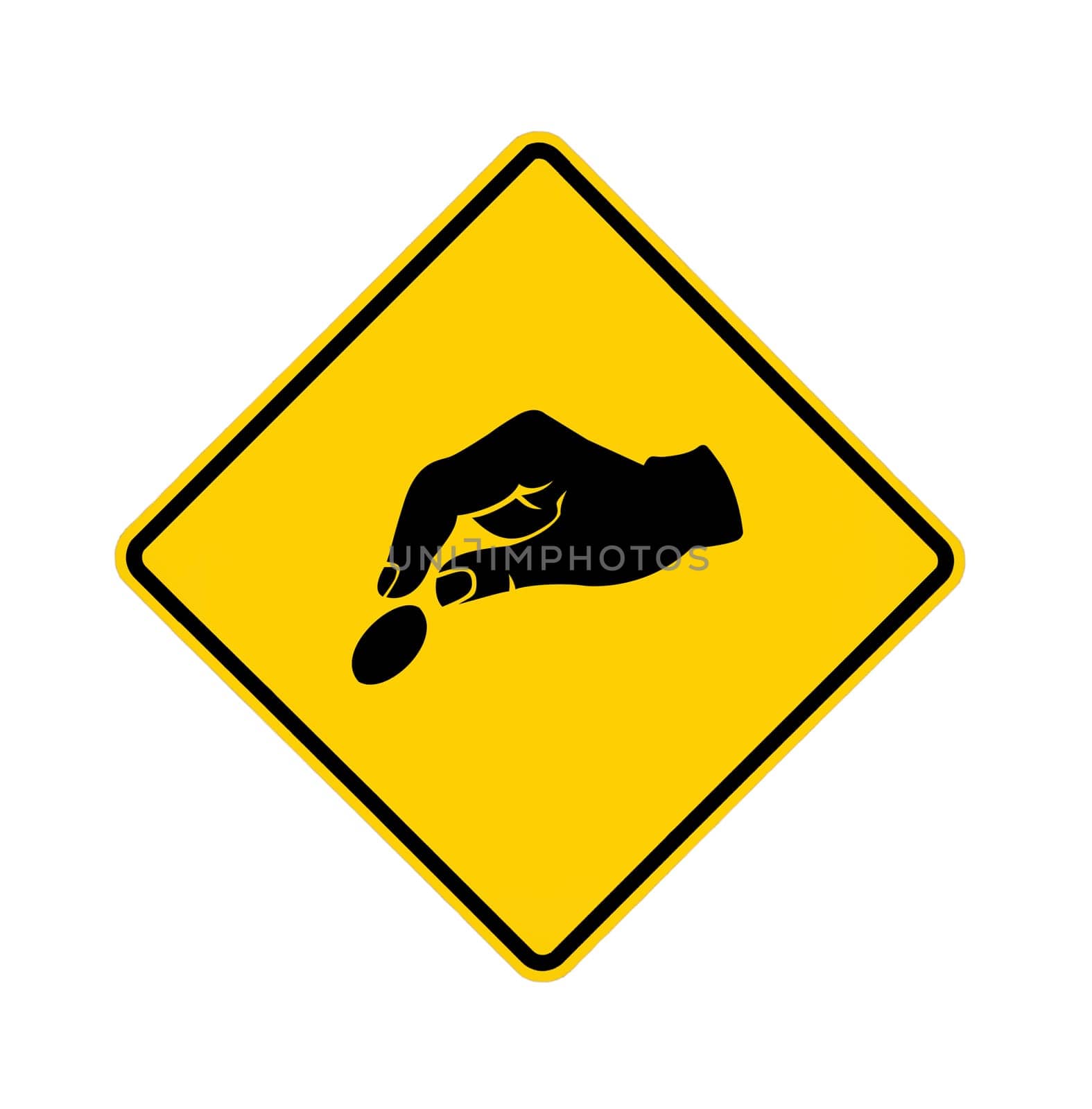 Yellow road sign with hand paying in black, with path