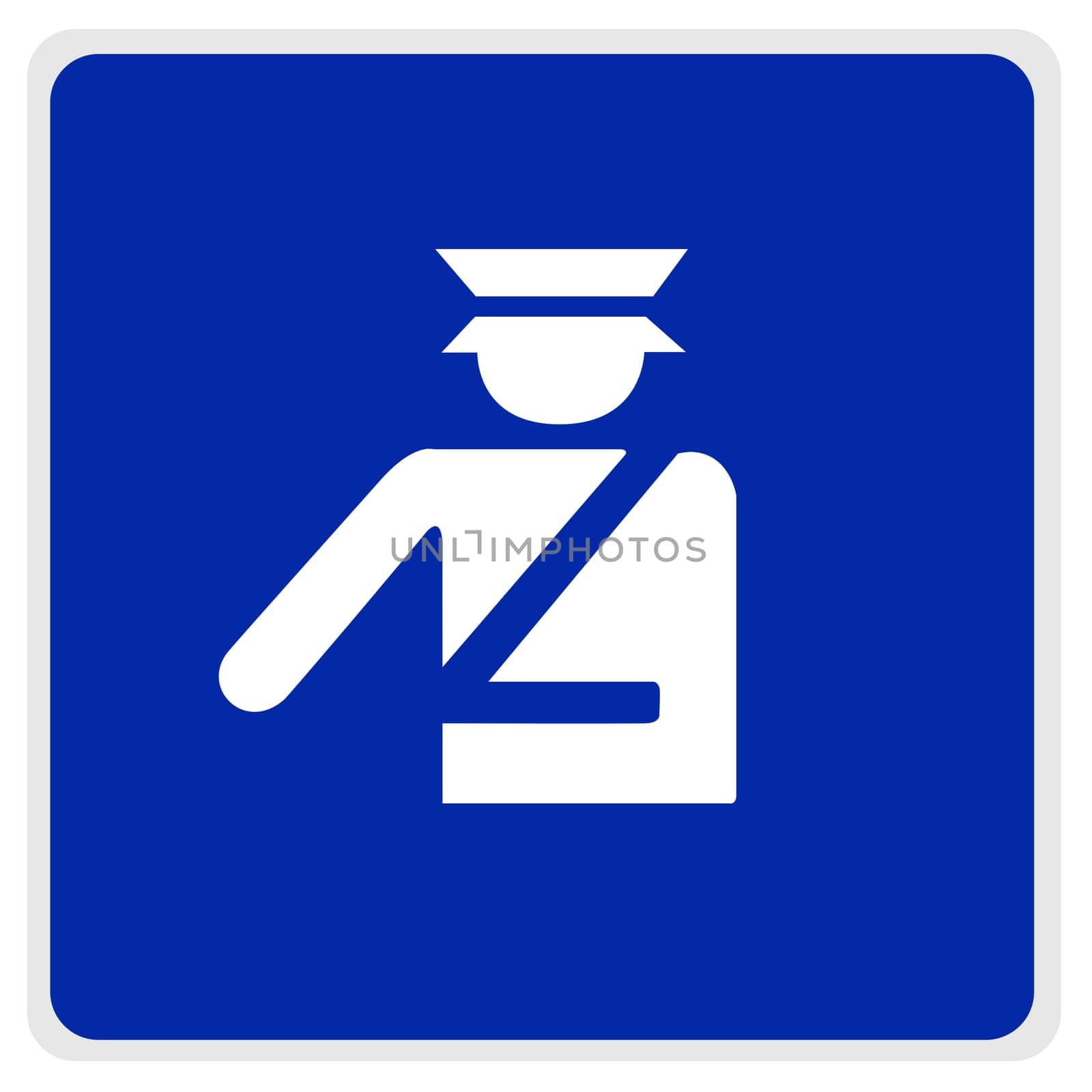 Blue road sign with police officer in white, with path
