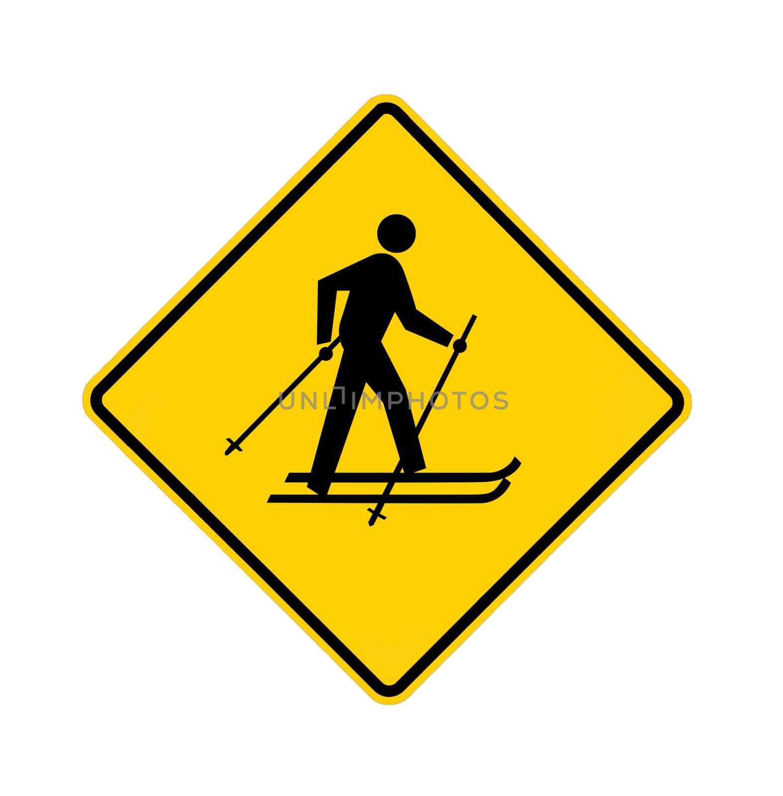 Yellow road sign with cross-country skier in black, with path.