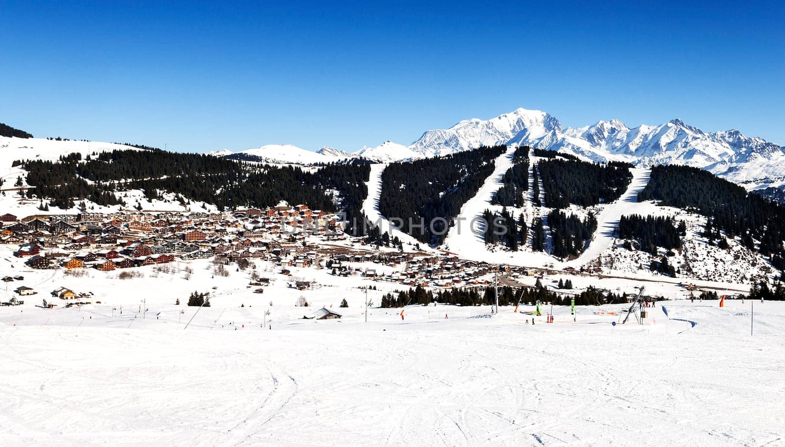 Mont-blanc in winter, alpine mountains, view from Les saisies, France