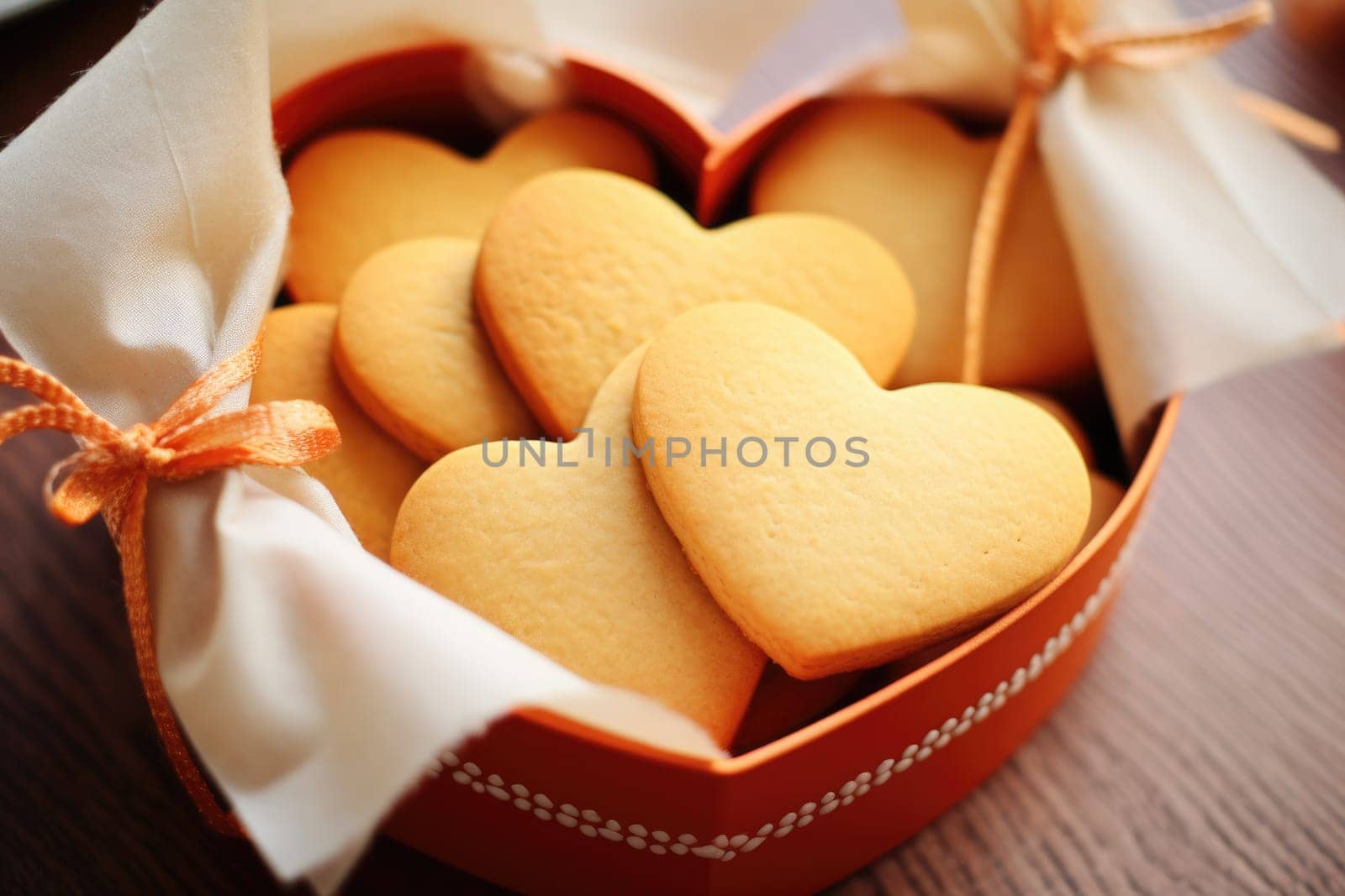 Decorated heart shaped cookie on wooden background. AI Generated by Desperada