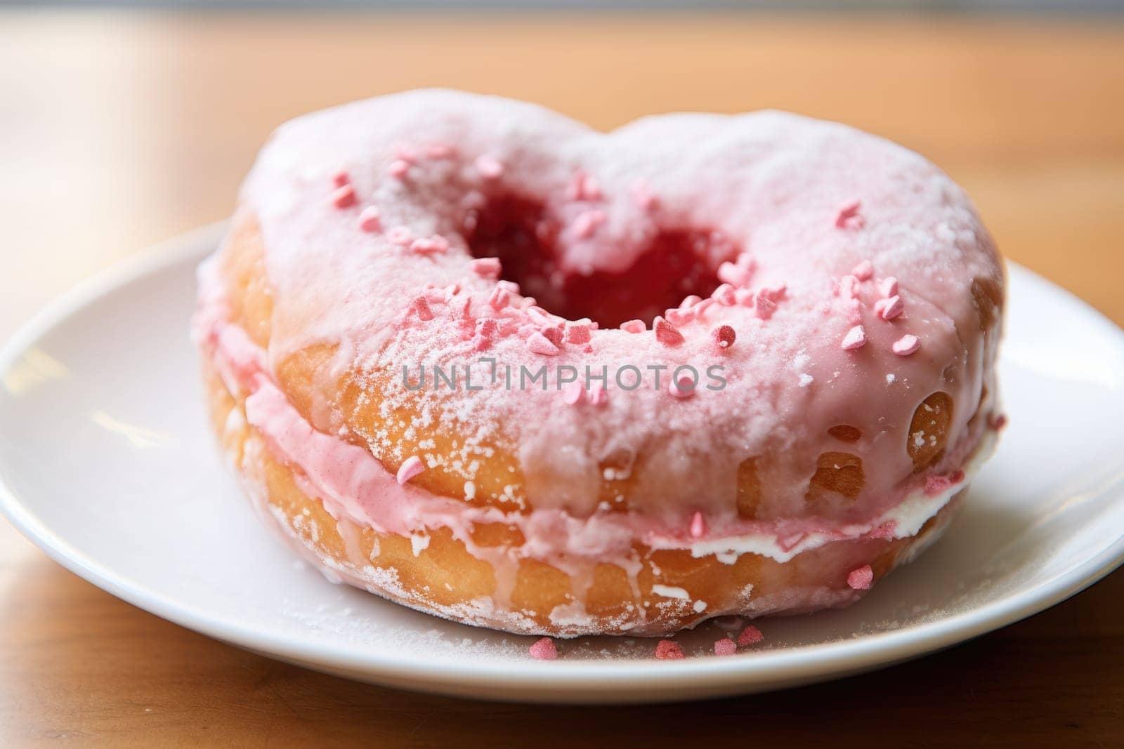 Valentine's Day heart shape pink donut with sprinkles. AI Generated by Desperada