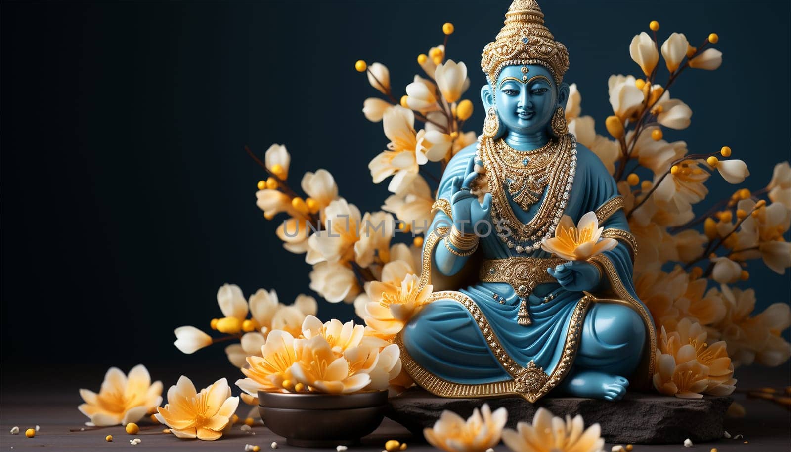 Hindu god. Vishnu, Indian lord of Hinduism. Hari god of ancient India. Hindu deity sitting on lotus flower, holding attributes. Traditional holy divinity. illustration copy space by Annebel146