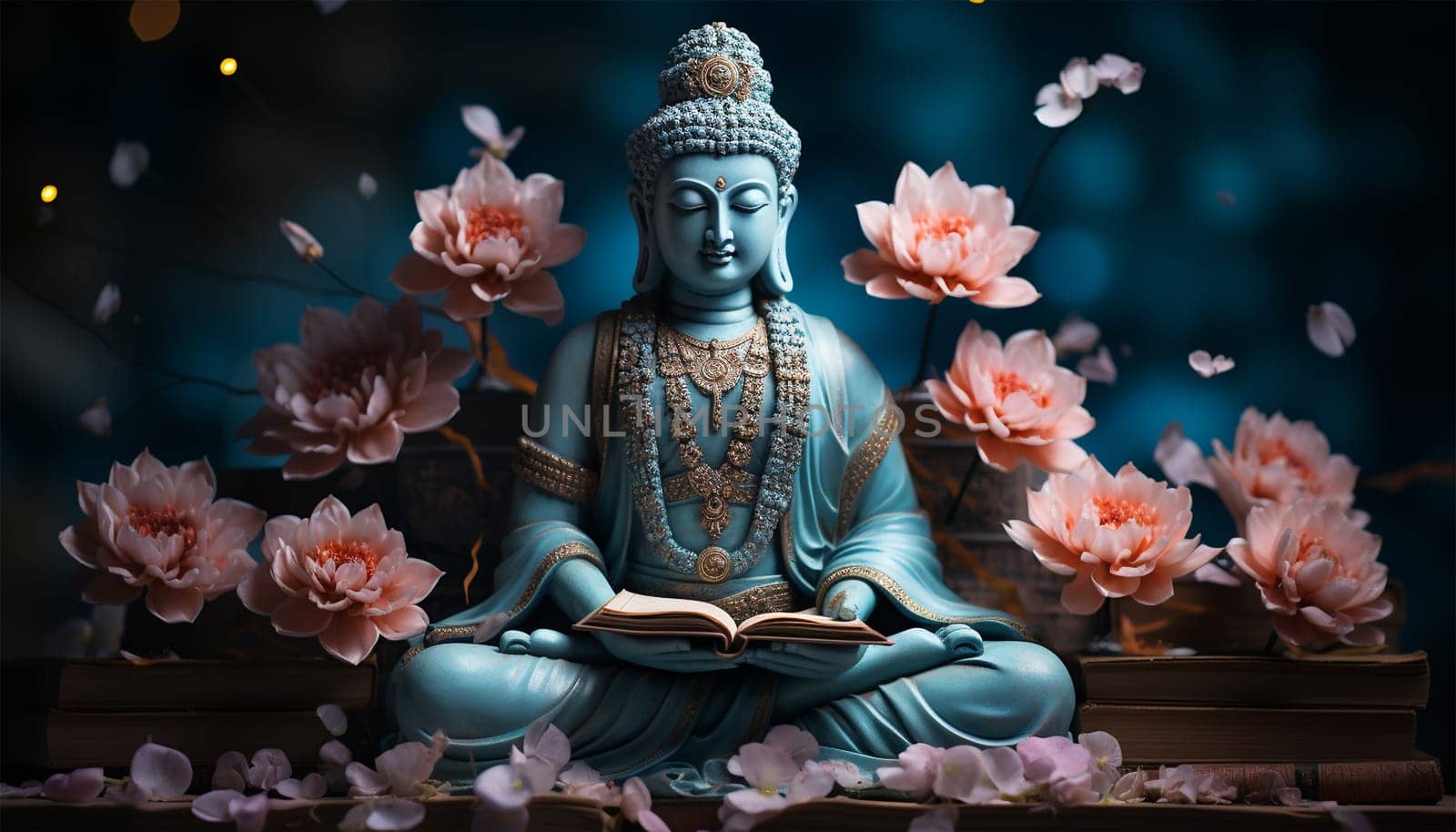 Hindu god. Vishnu, Indian lord of Hinduism. Hari god of ancient India. Hindu deity sitting on lotus flower, holding attributes. Traditional holy divinity. illustration copy space by Annebel146