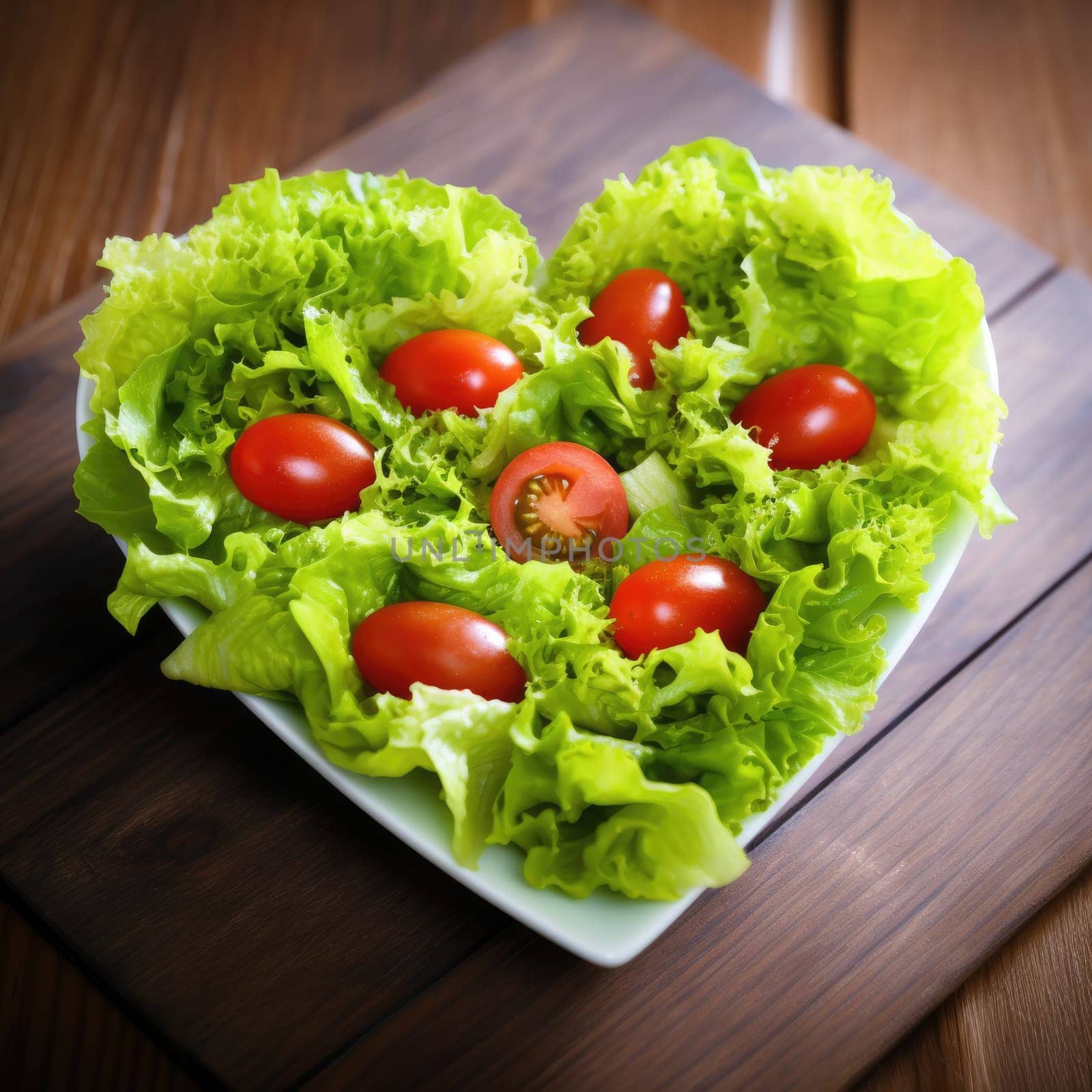 Heart shaped lettuce salad on wooden background. AI Generated by Desperada