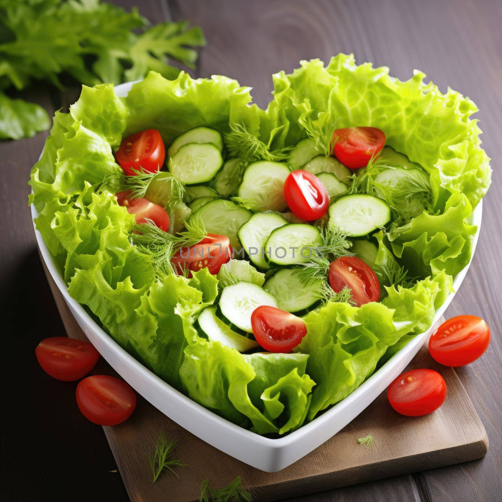 Heart shaped lettuce salad on wooden background. AI Generated by Desperada