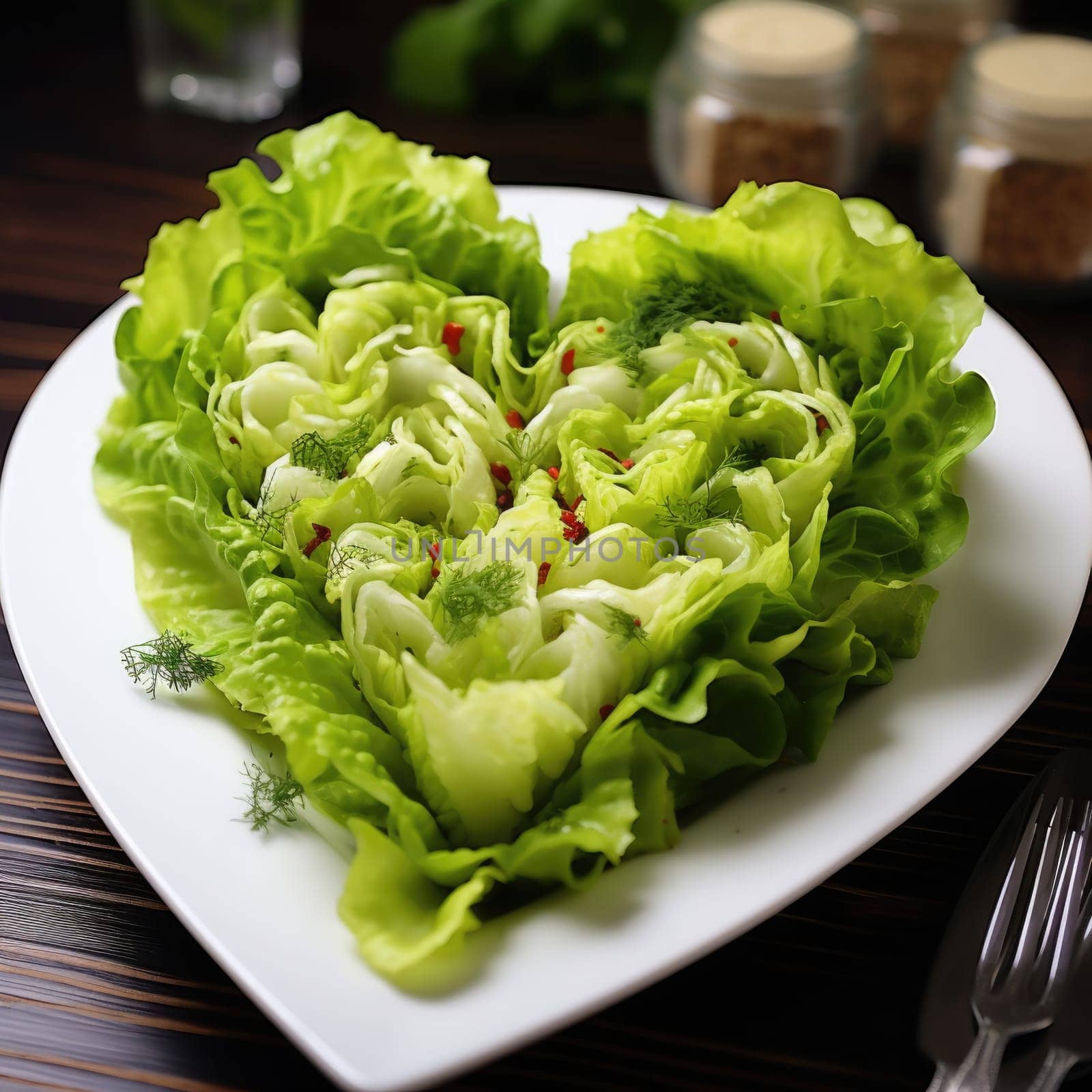 Heart shaped lettuce salad on wooden background. AI Generated by Desperada