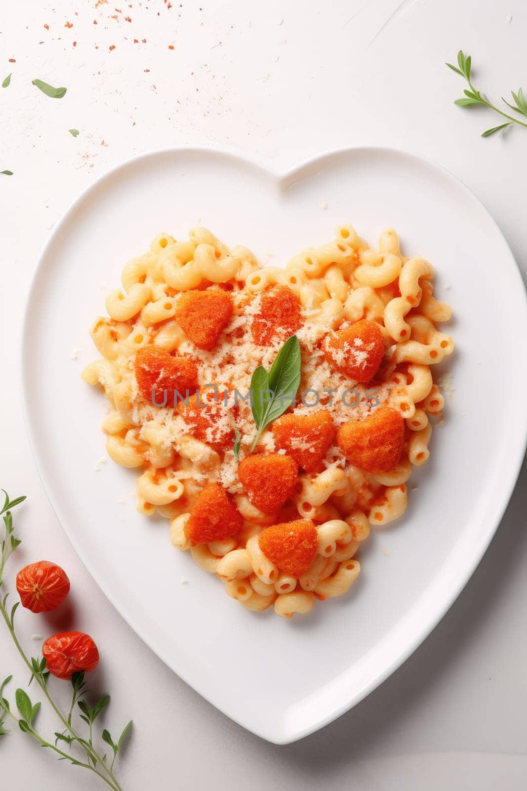 Heart shaped spaghetti with tomato sauce and parmesan cheeses on white plate. AI Generated by Desperada