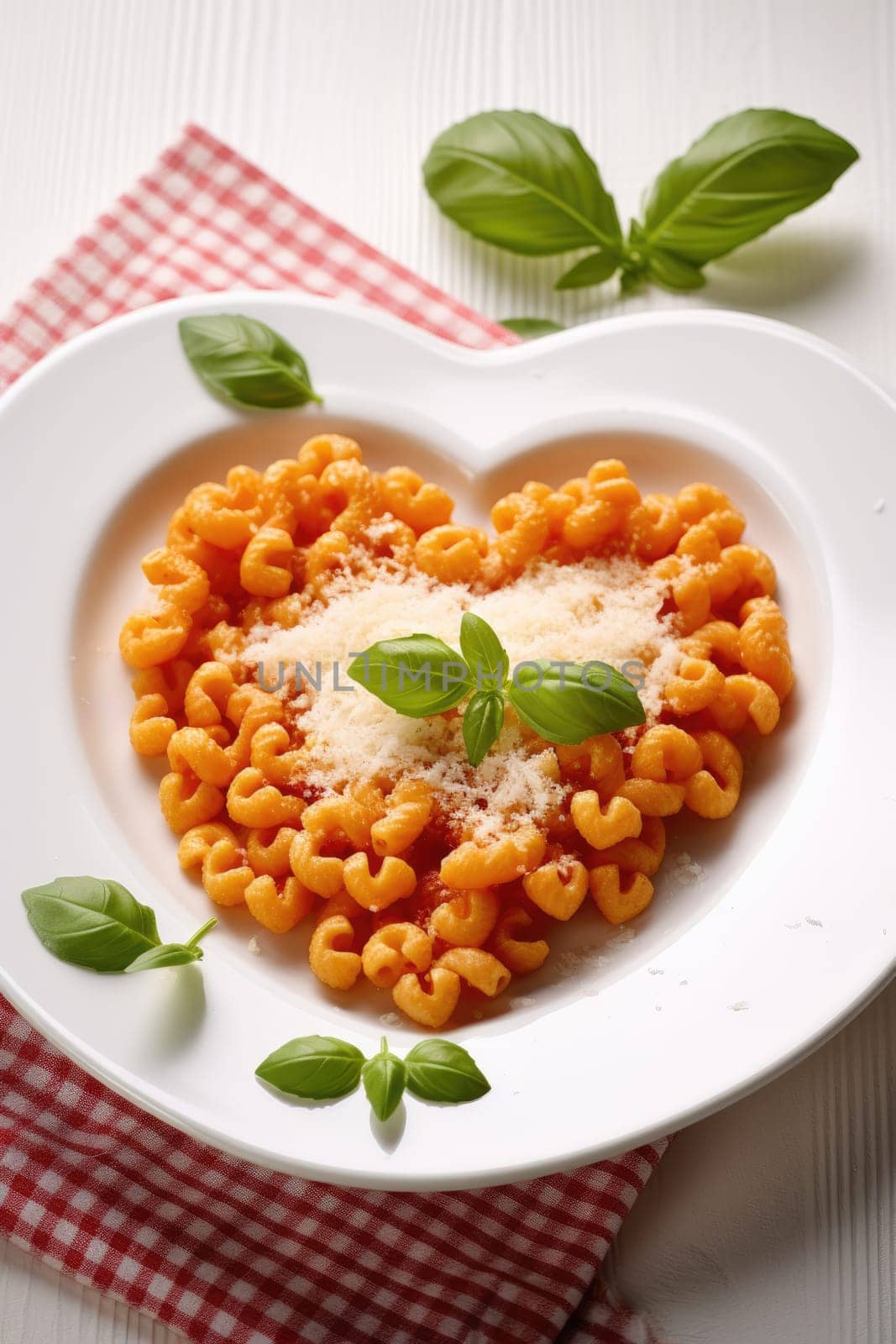 Heart shaped spaghetti with tomato sauce and parmesan cheeses on white plate. AI Generated by Desperada