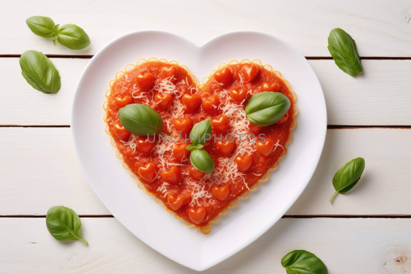 Heart shaped spaghetti with tomato sauce and parmesan cheeses on white plate for valentine day. AI Generated