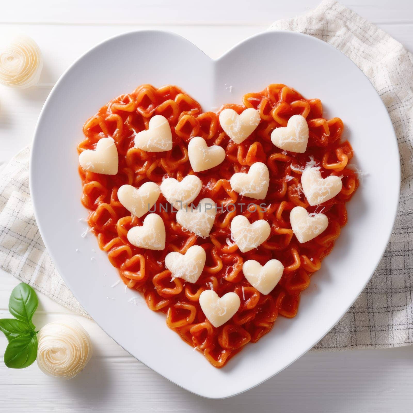 Heart shaped spaghetti with tomato sauce and parmesan cheeses on white plate. AI Generated by Desperada