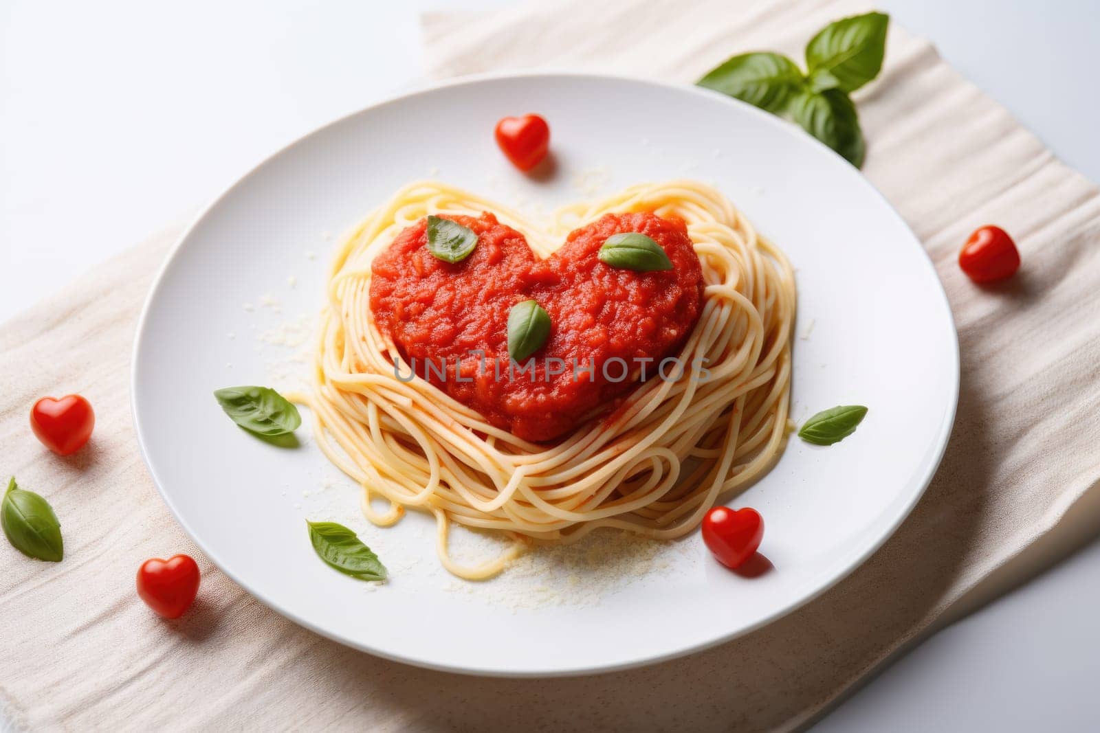 Heart shaped spaghetti with tomato sauce and parmesan cheeses on white plate for valentine day. AI Generated