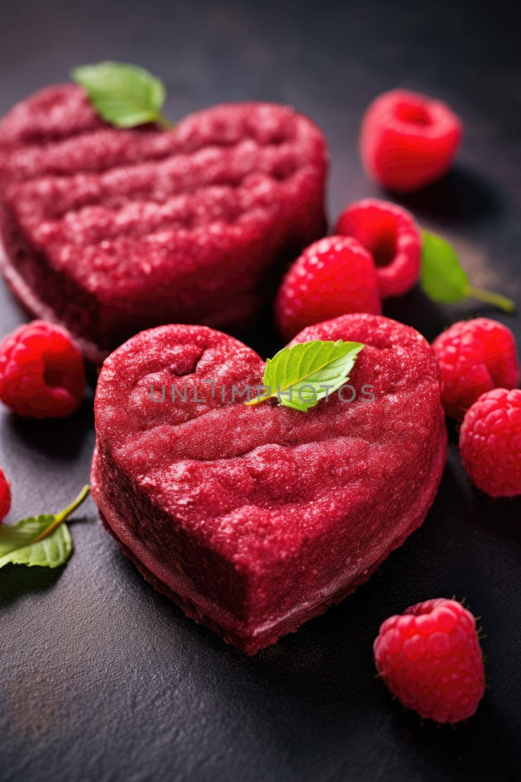 Heart shaped red velvet cake for Valentine's day on dark background. Tasty homemade dessert. AI Generated