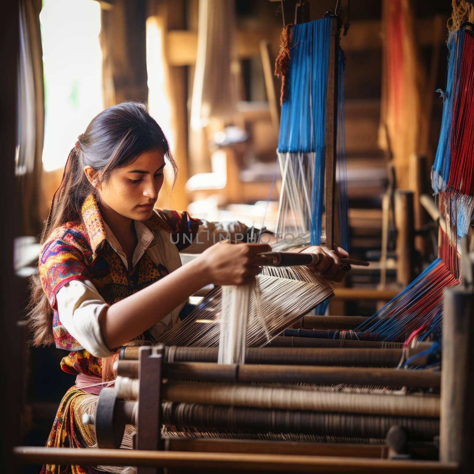 Master weaver is weaving fabric . AI Generated by Desperada