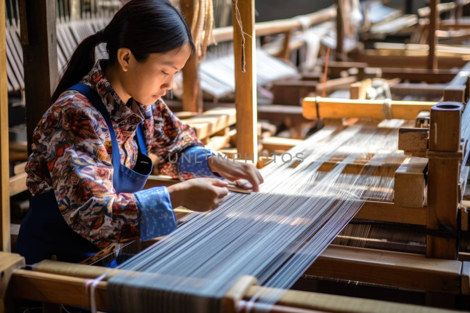 Master weaver is weaving the tapestry with diverse bright threads, close up. Artisanal at work. AI Generated