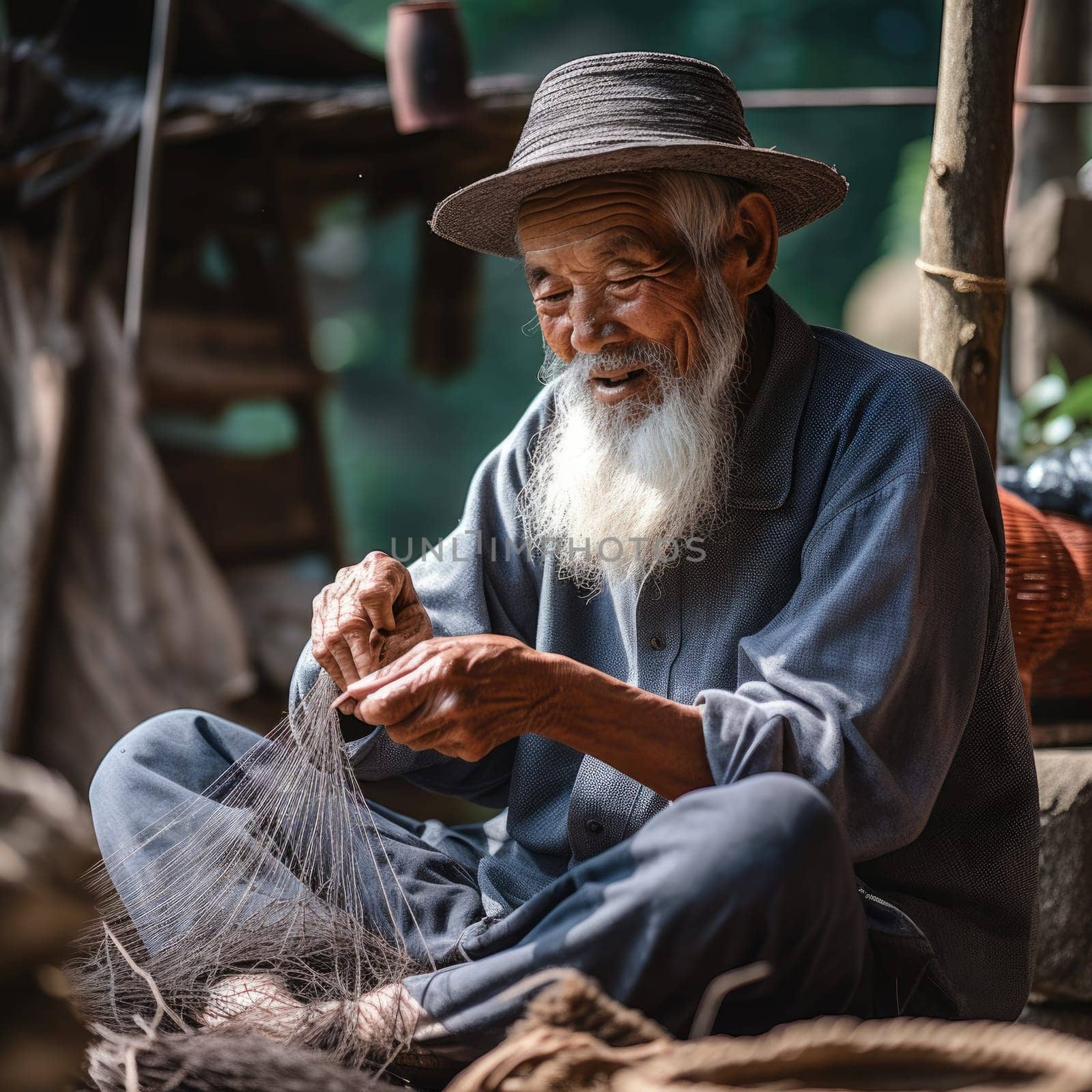 old man knitting a traditional fishing net. AI Generated