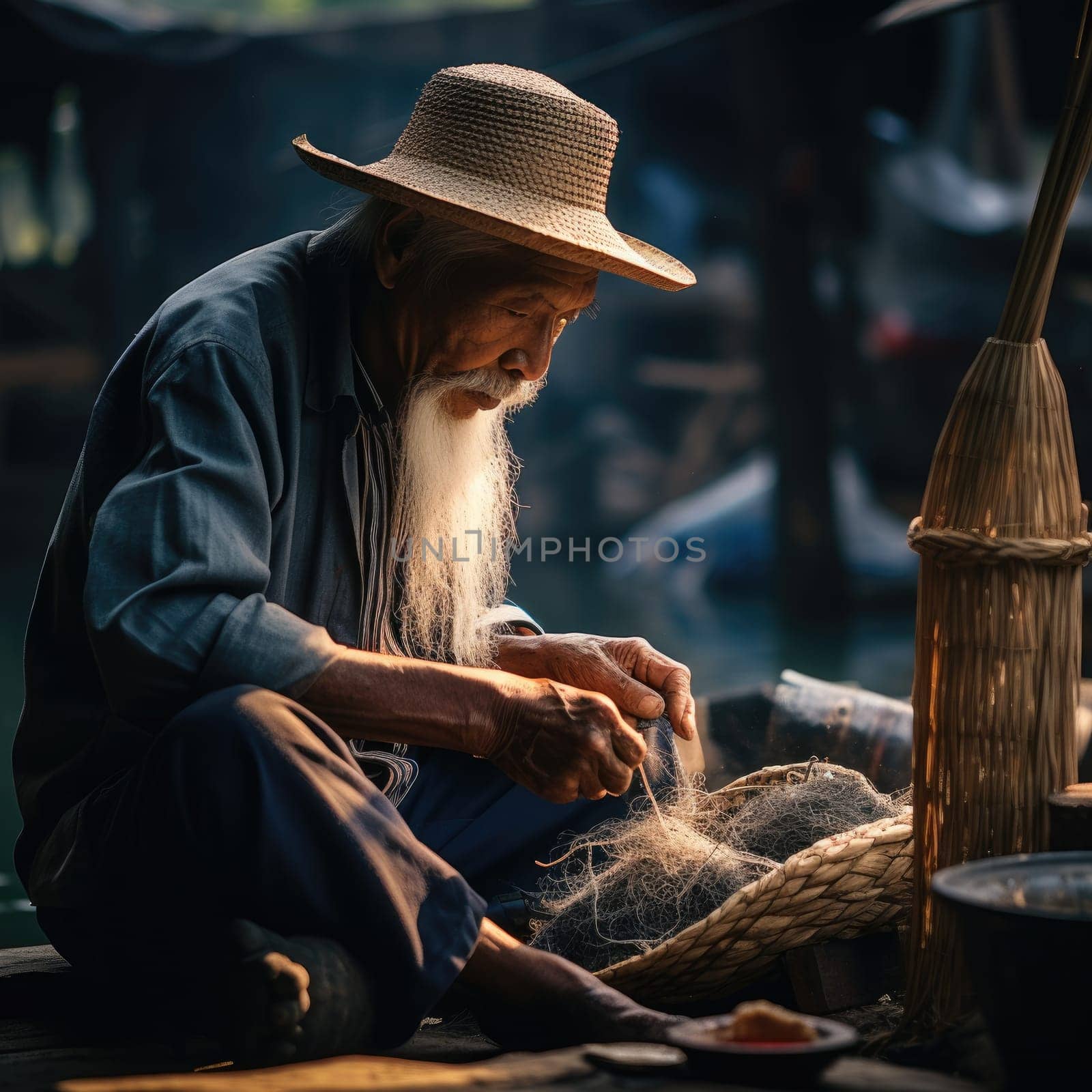 old man knitting a fishing net. AI Generated by Desperada