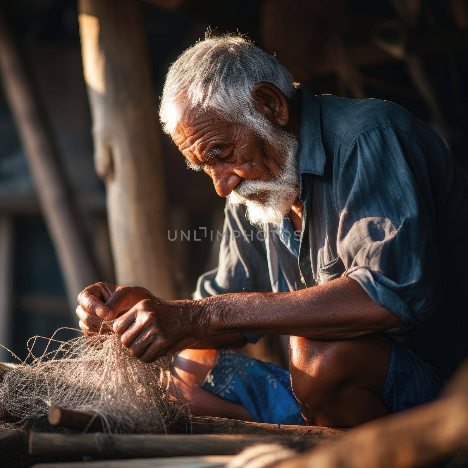 old man knitting a traditional fishing net. AI Generated