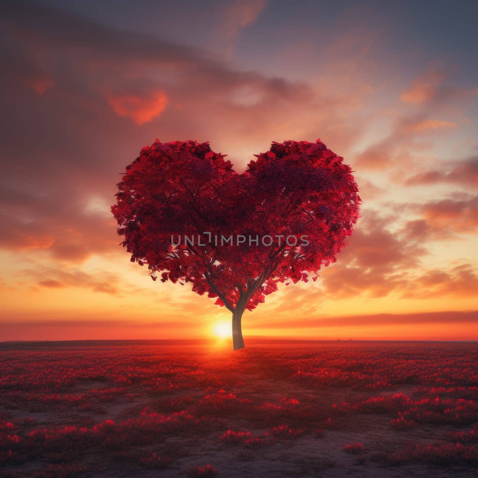 Red Heart Shaped Tree on sunset. AI Generated by Desperada