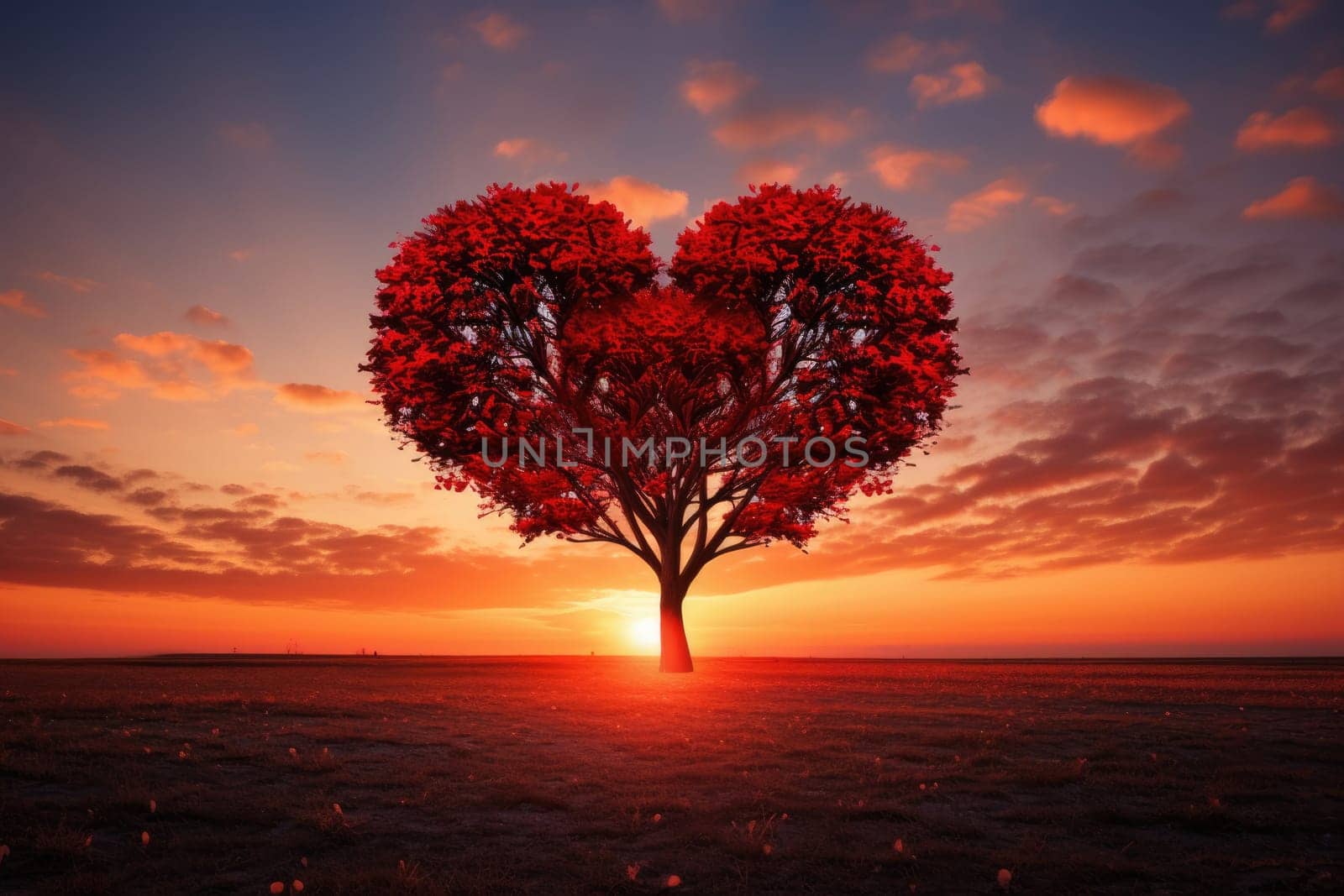 Red Heart Shaped Tree on sunset. AI Generated by Desperada
