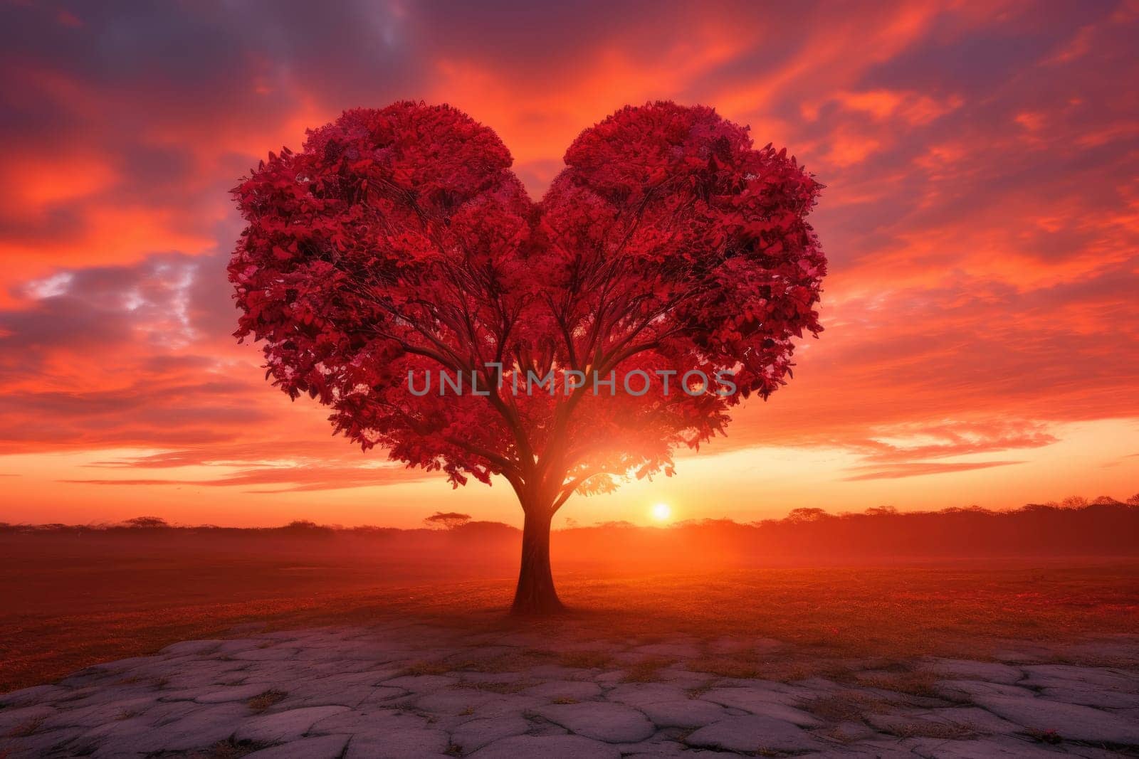 Red Heart Shaped Tree on sunset. AI Generated by Desperada