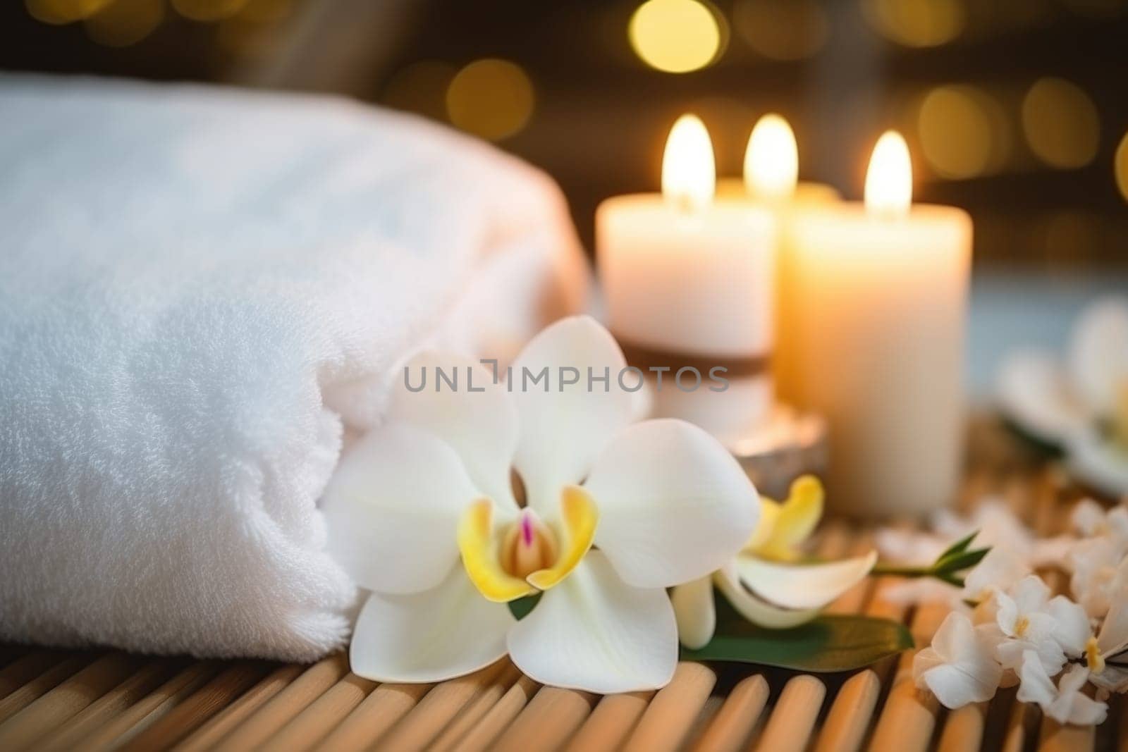 Beautiful spa composition on massage table. AI Generated by Desperada