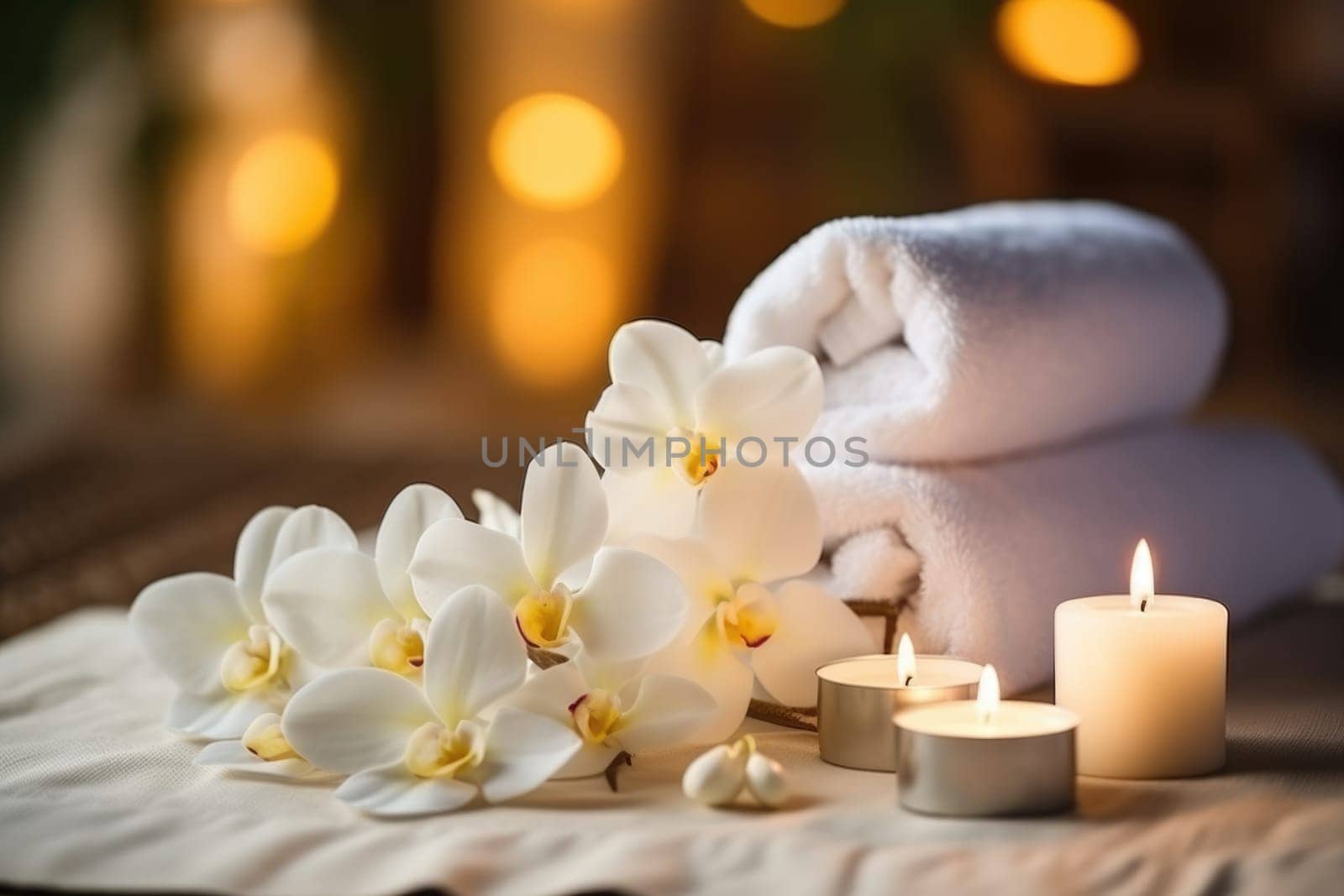Beautiful spa composition on massage table. AI Generated by Desperada