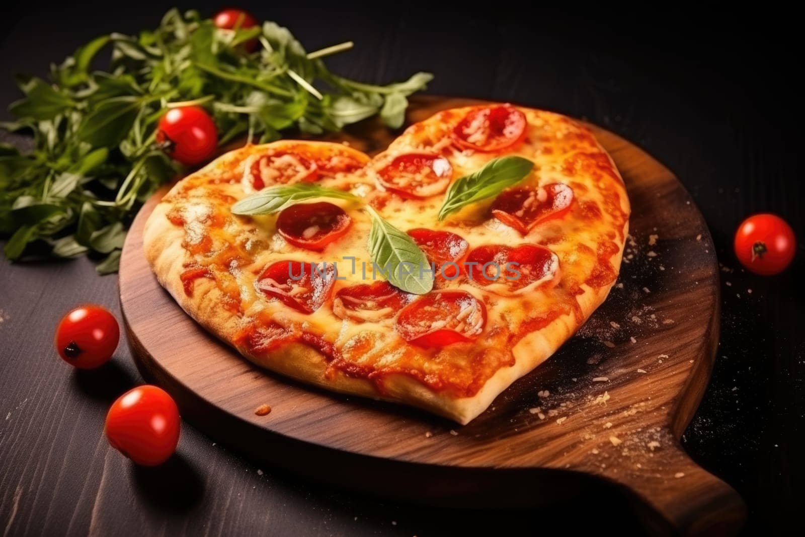 Heart shaped pizza on wooden background. AI Generated by Desperada