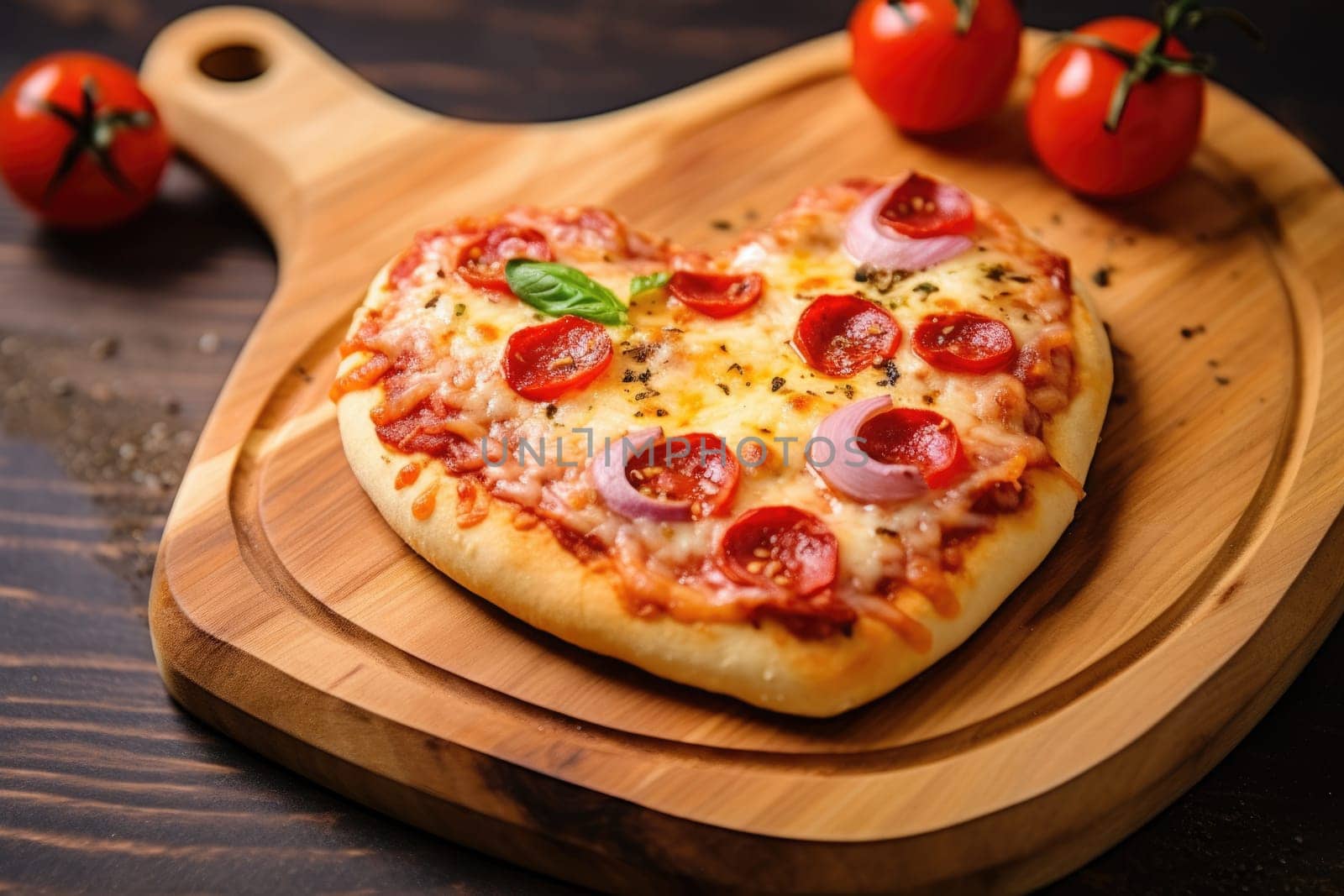 Heart shaped pizza on wooden background. AI Generated by Desperada