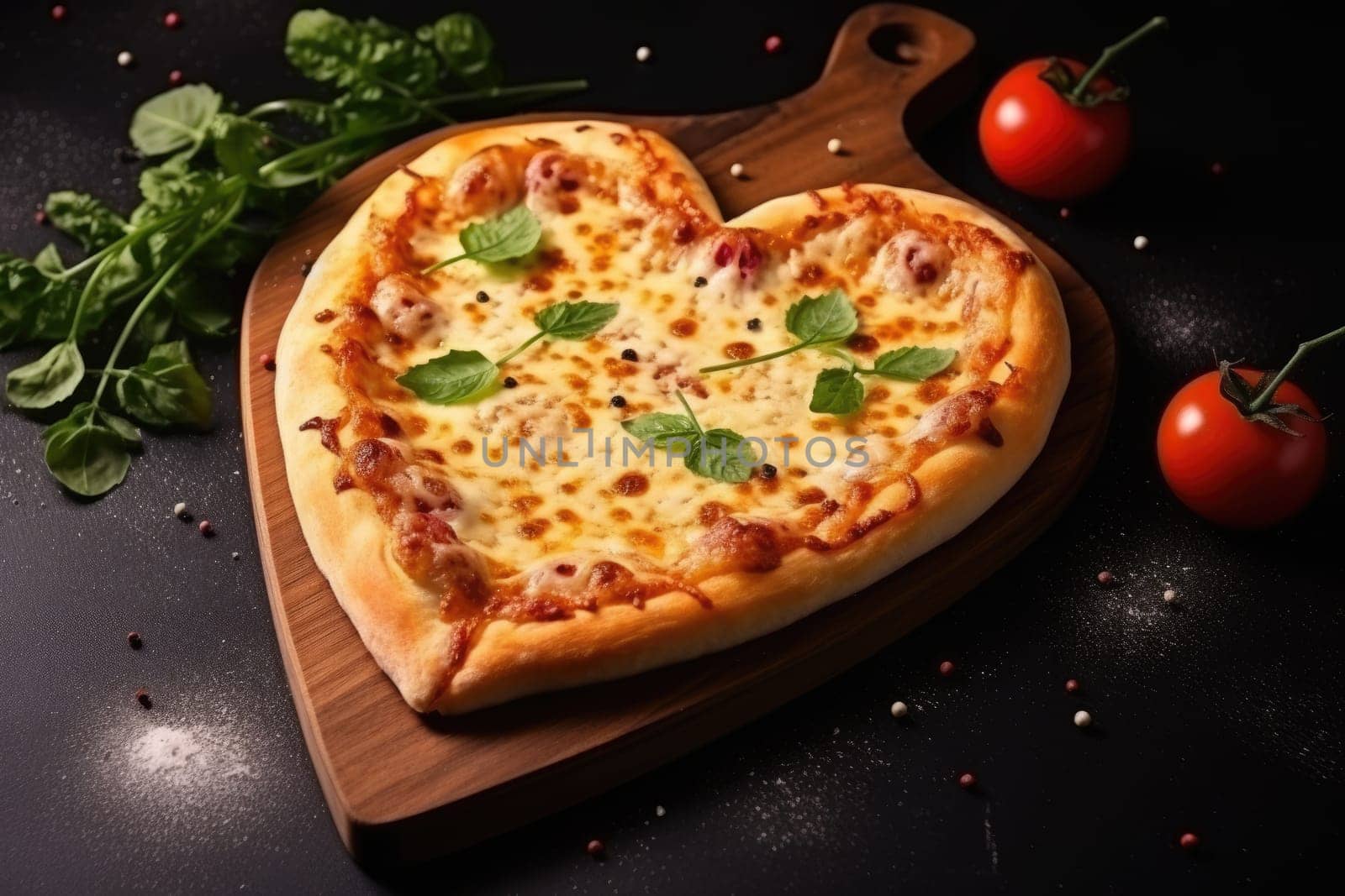 Heart shaped pizza on wooden background. AI Generated by Desperada