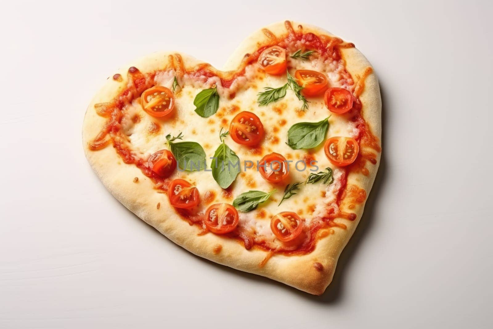 Heart shaped pizza on white background. AI Generated by Desperada