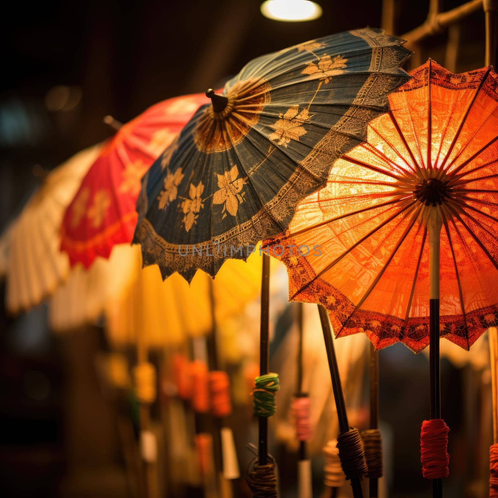 Colorful Asian Paper Umbrella Parasol in market. AI Generated