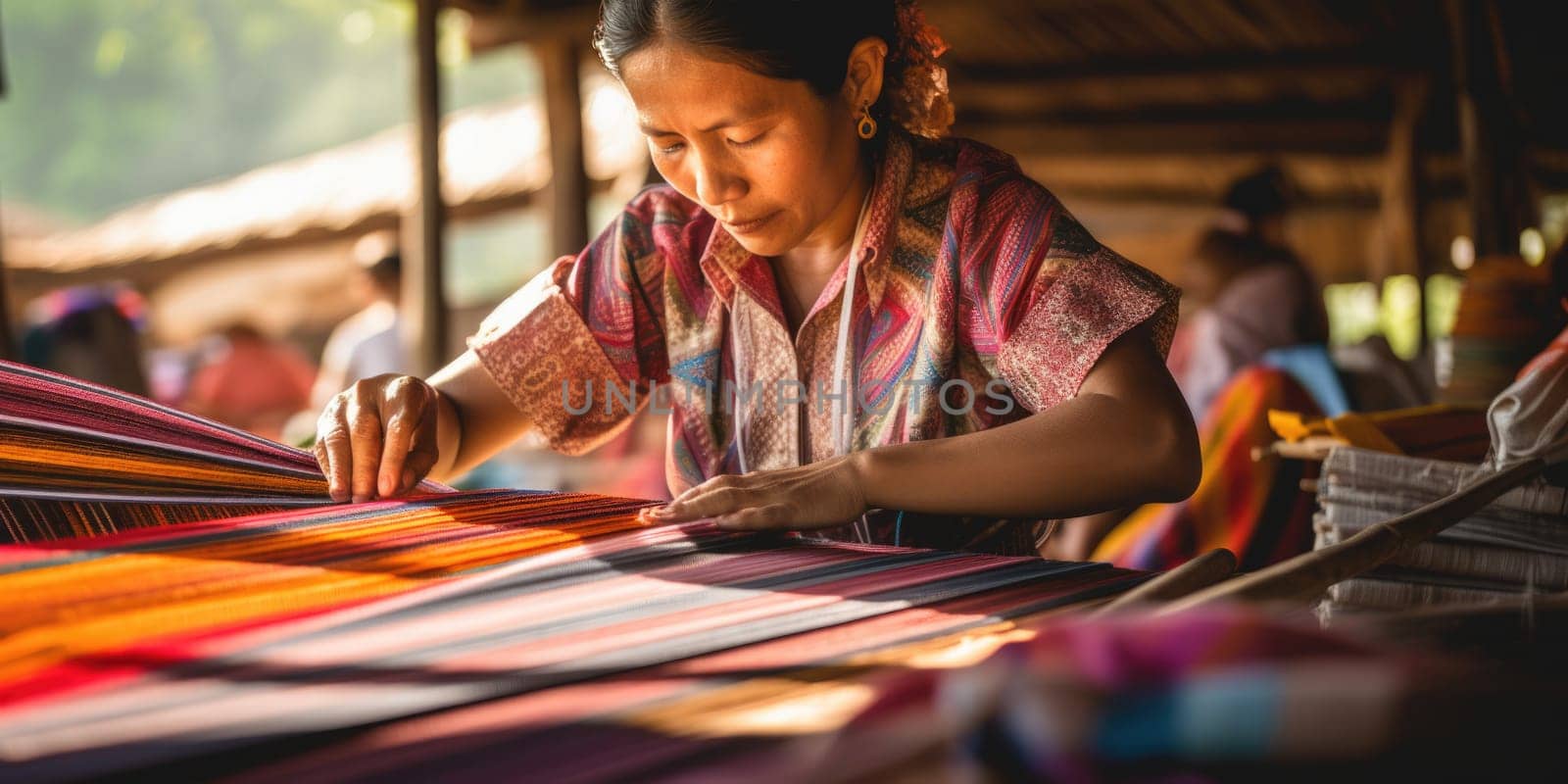 Master weaver is weaving the tapestry with diverse bright threads, close up. Artisanal at work. AI Generated