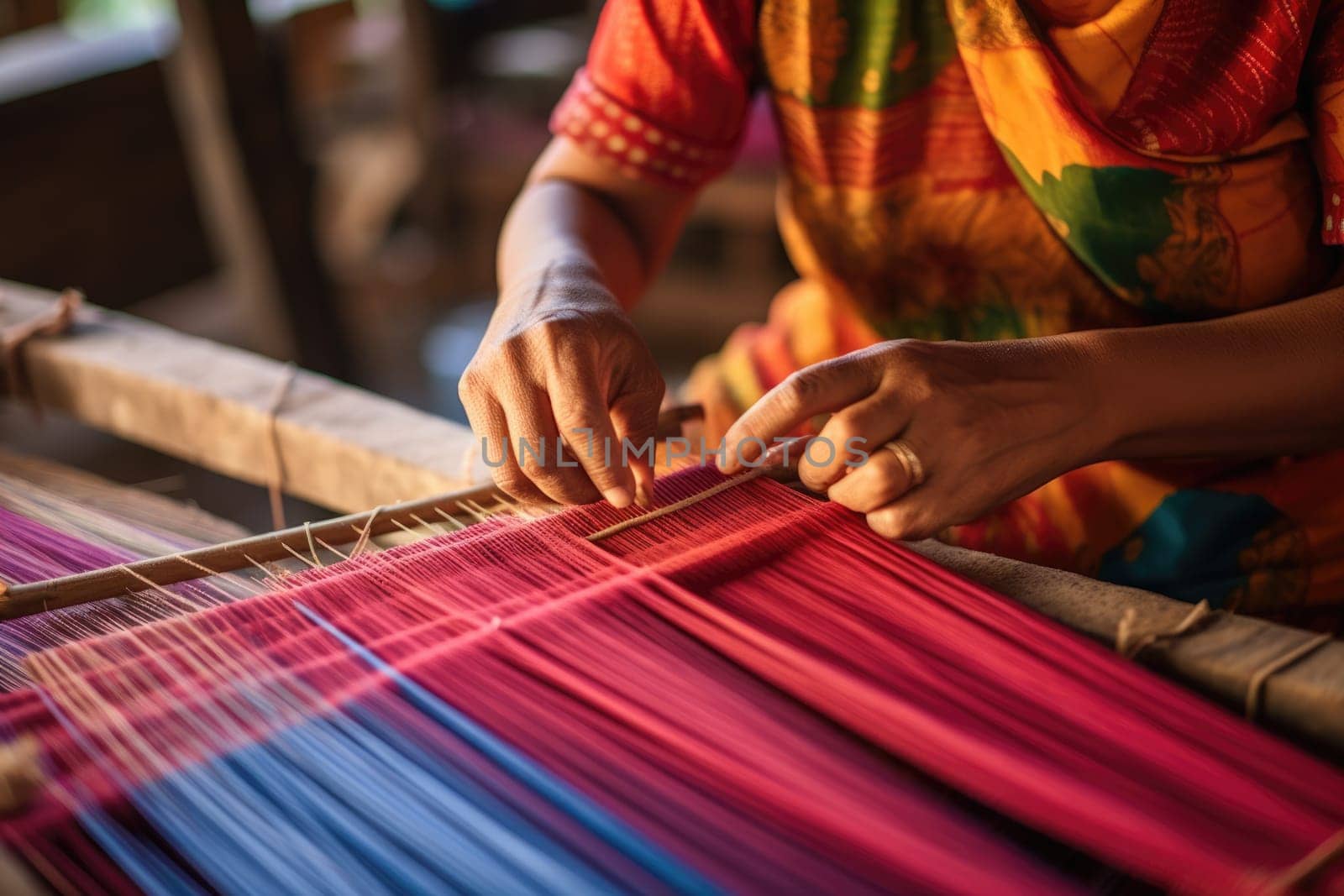 Master weaver is weaving the tapestry with diverse bright threads, close up. Artisanal at work. AI Generated