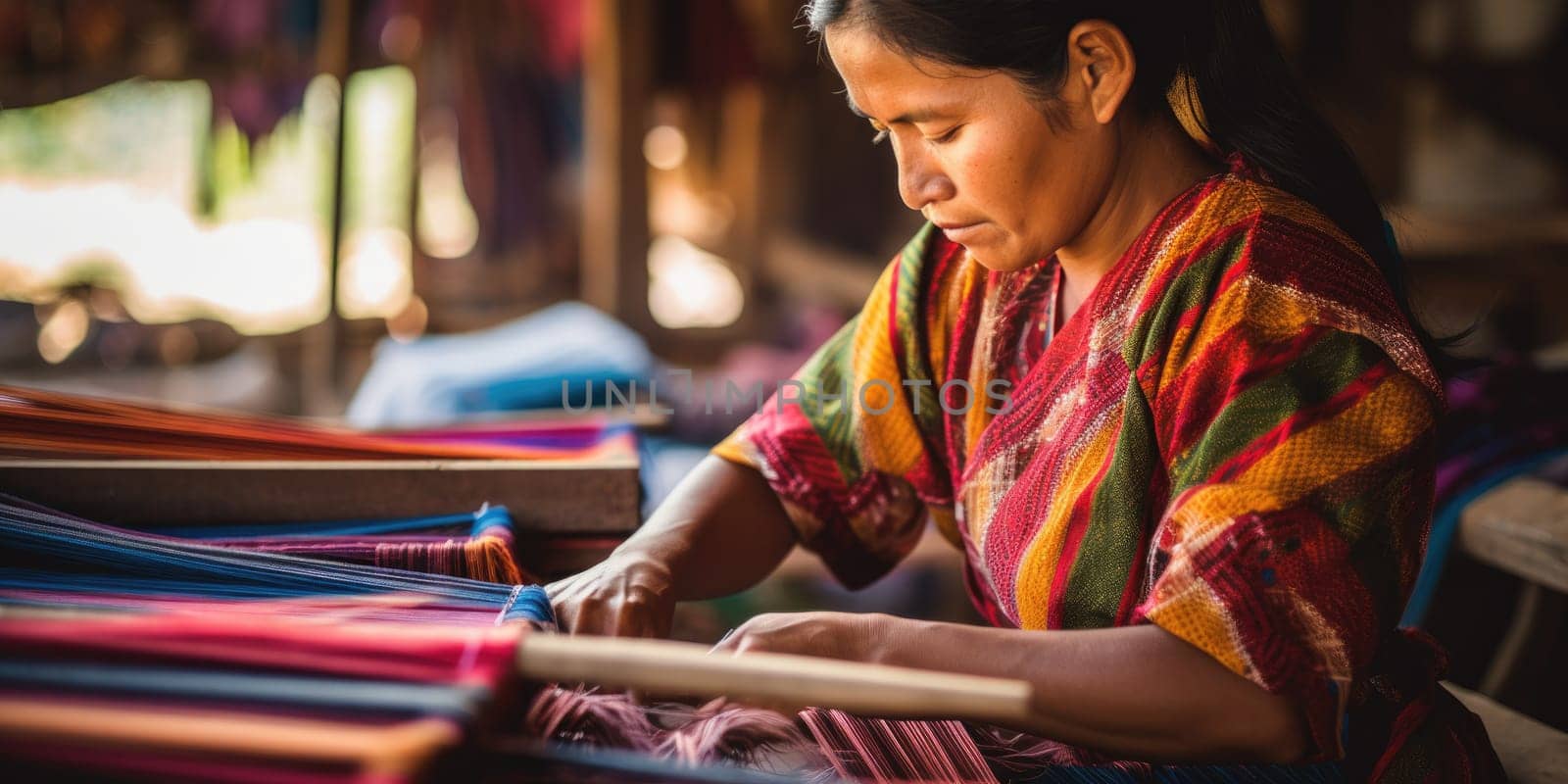 Master weaver is weaving the tapestry with diverse bright threads, close up. Artisanal at work. AI Generated