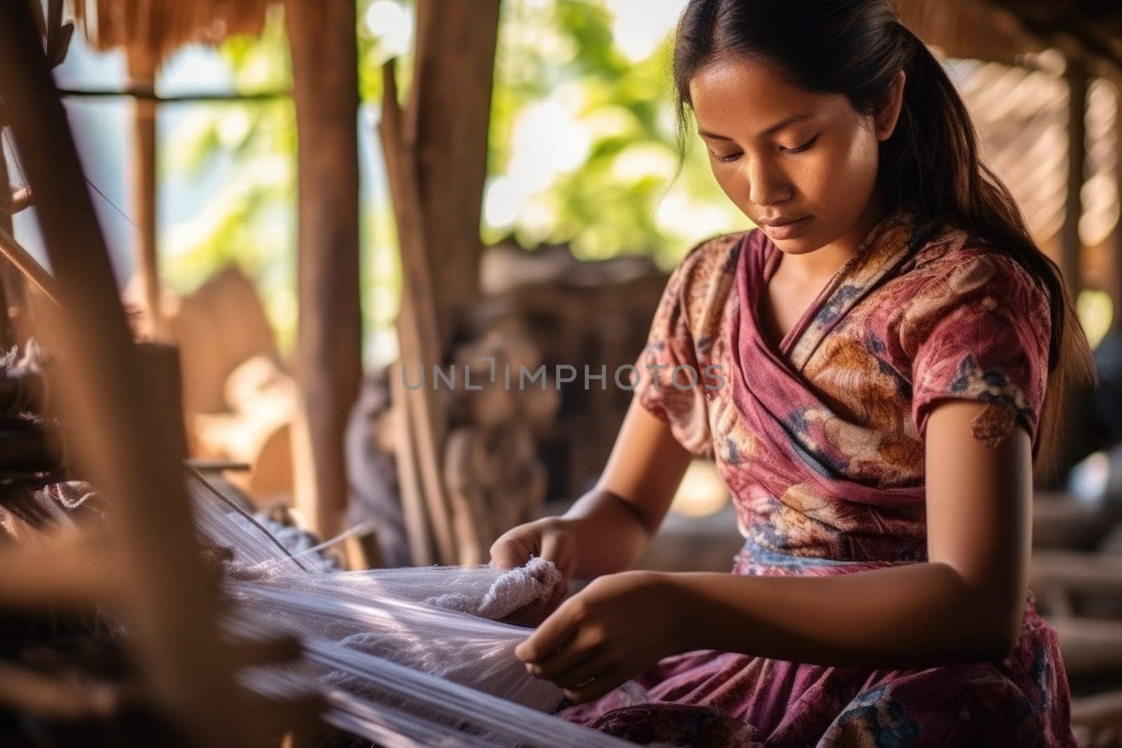 Master weaver is weaving the tapestry with diverse bright threads, close up. Artisanal at work. AI Generated