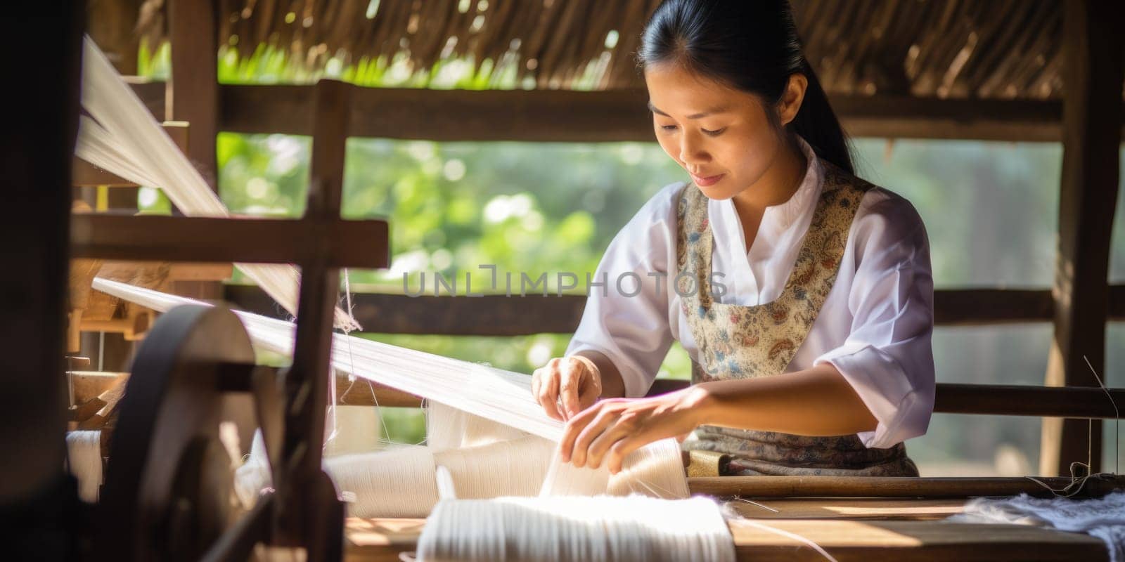 Master weaver is weaving the tapestry with diverse bright threads, close up. Artisanal at work. AI Generated