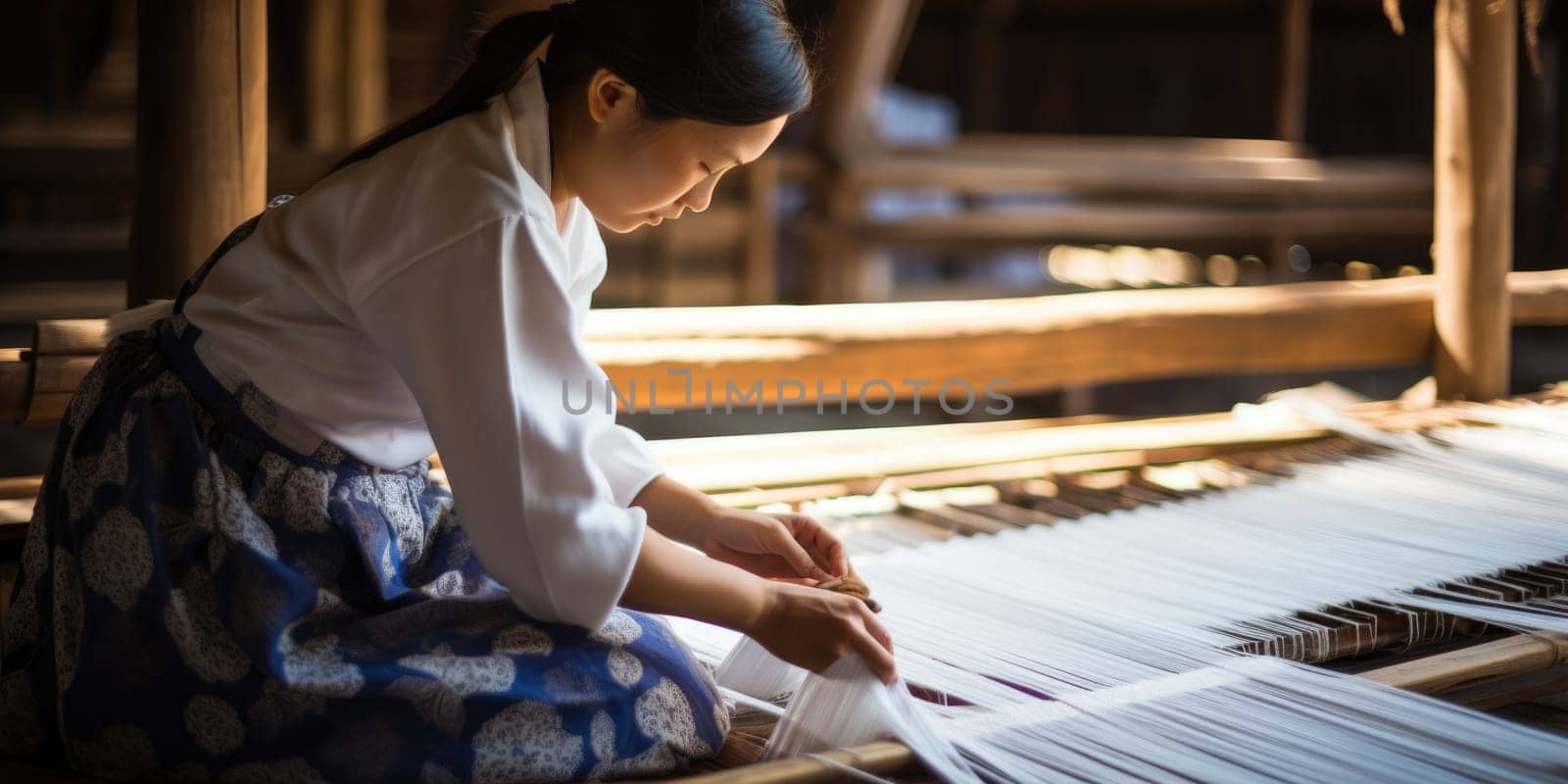 Master weaver is weaving the tapestry with diverse bright threads, close up. Artisanal at work. AI Generated