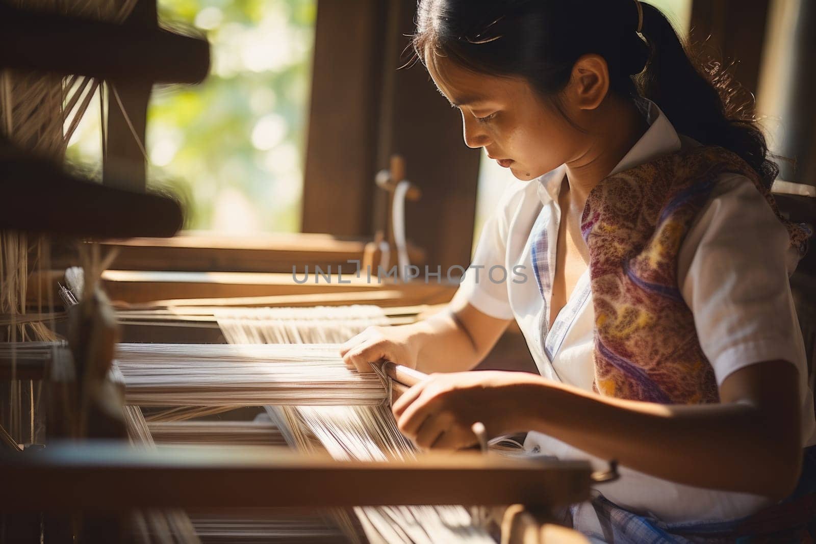 Master weaver is weaving the tapestry with diverse bright threads, close up. Artisanal at work. AI Generated