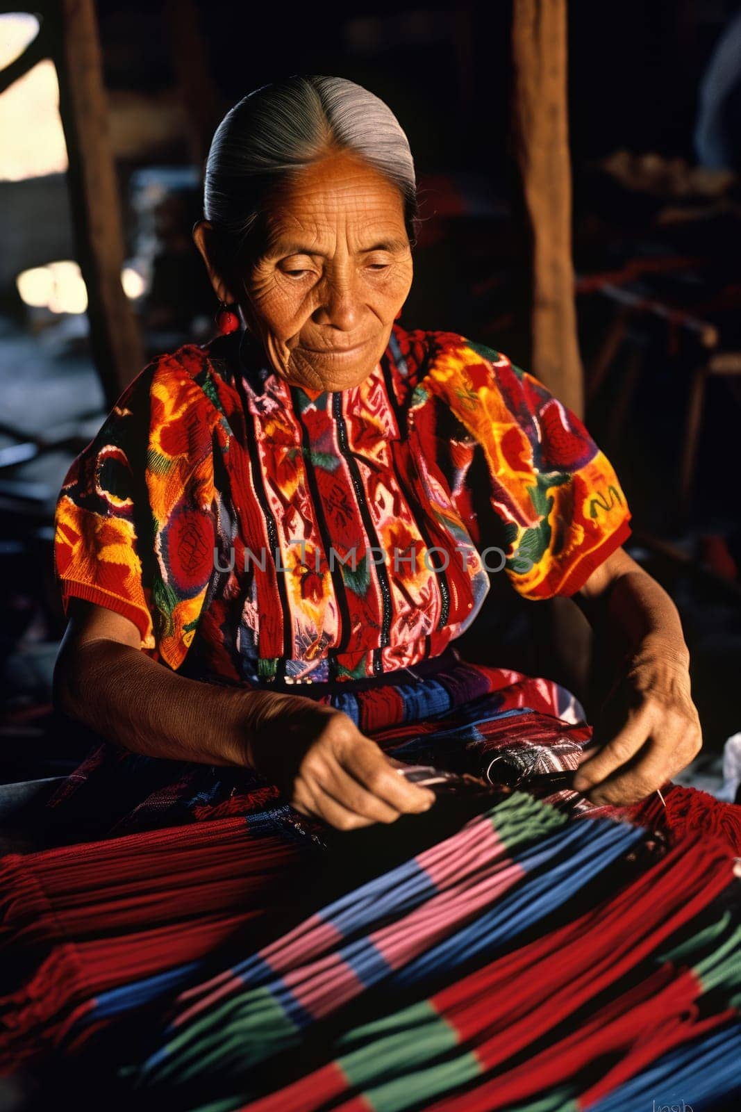 Master weaver is weaving the tapestry with diverse bright threads, close up. Artisanal at work. AI Generated