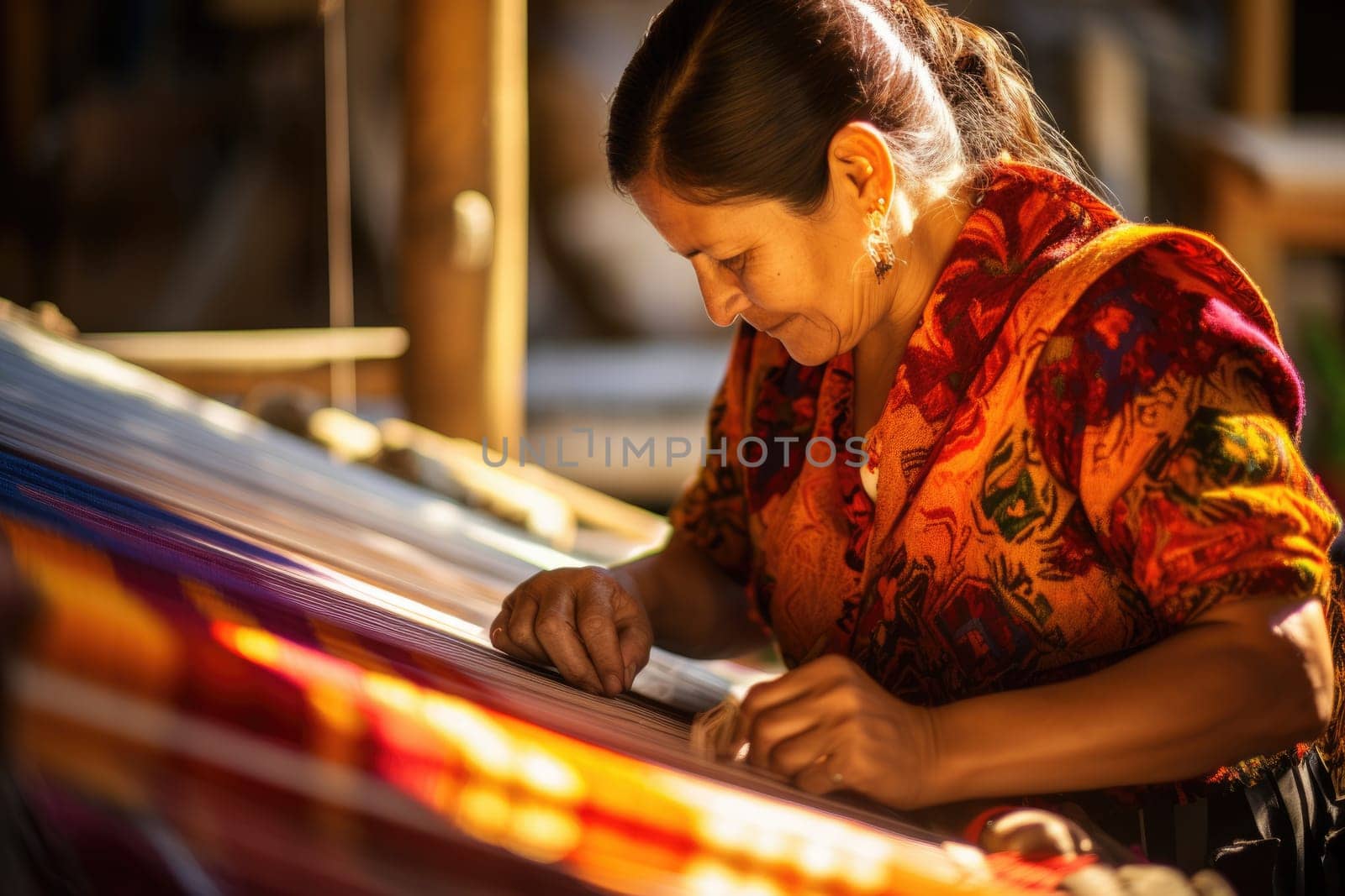 Master weaver is weaving the tapestry with diverse bright threads, close up. Artisanal at work. AI Generated