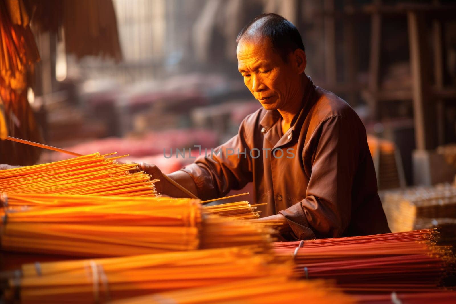 Traditional artisanal work. male worker in incense sticks. AI Generated