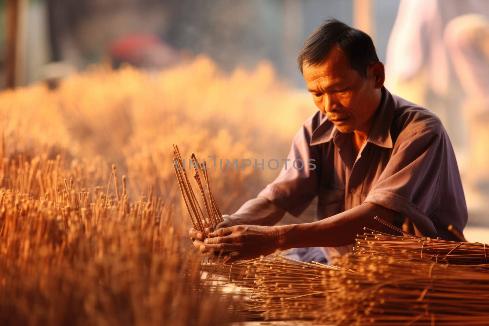 Traditional artisanal work. male worker in incense sticks. AI Generated